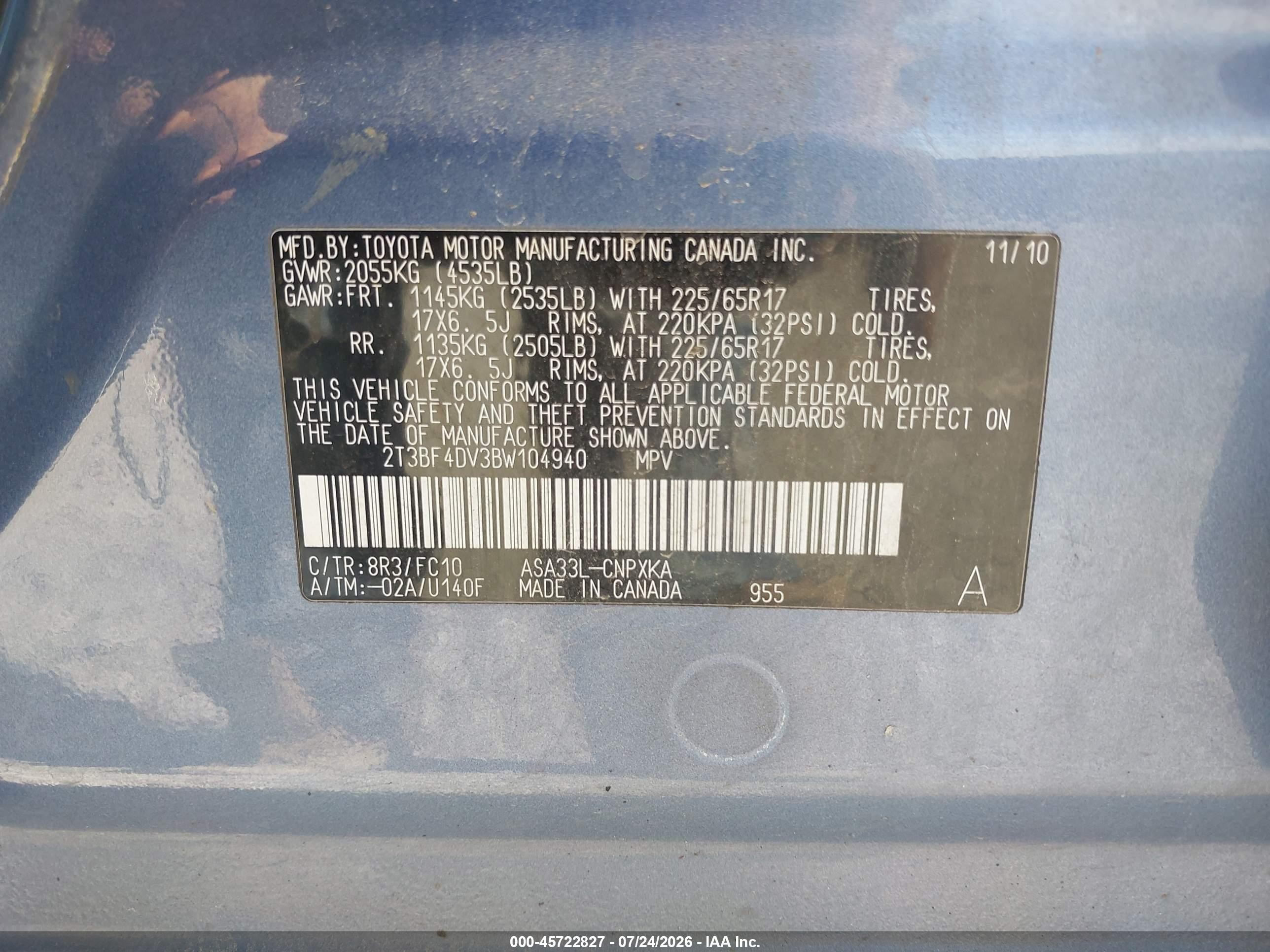 2011 Toyota Rav4   Blue vin: 2T3BF4DV3BW104940