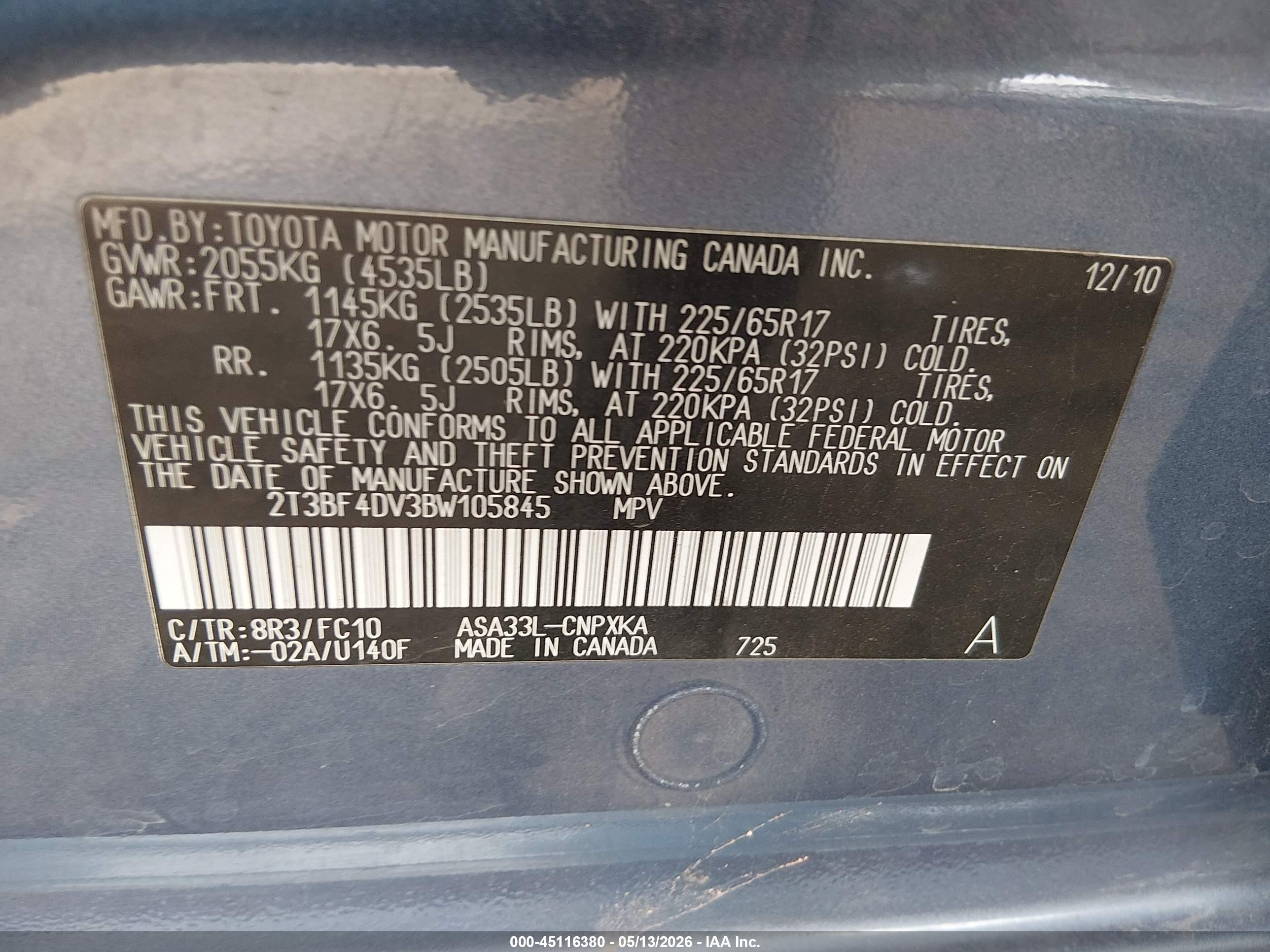 2011 Toyota Rav4   Blue vin: 2T3BF4DV3BW105845