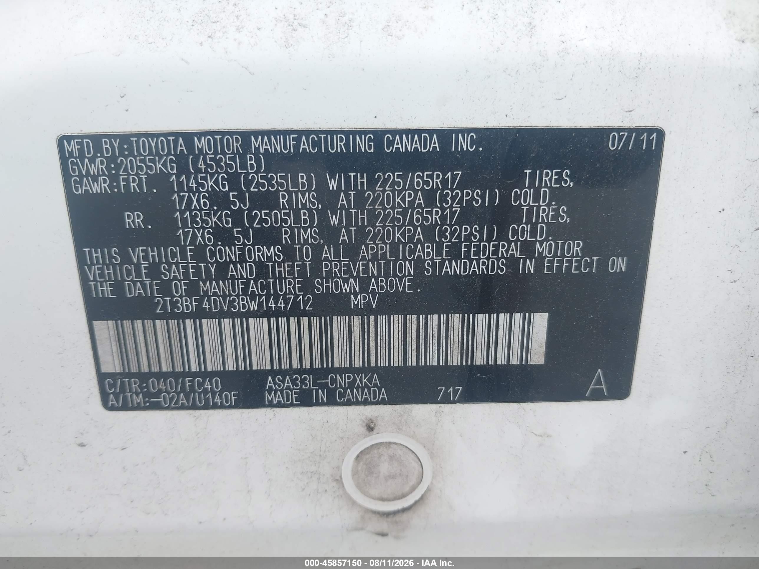 2011 Toyota Rav4   White vin: 2T3BF4DV3BW144712
