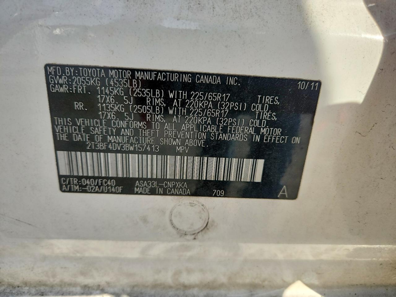 2011 Toyota Rav4 Base White vin: 2T3BF4DV3BW157413