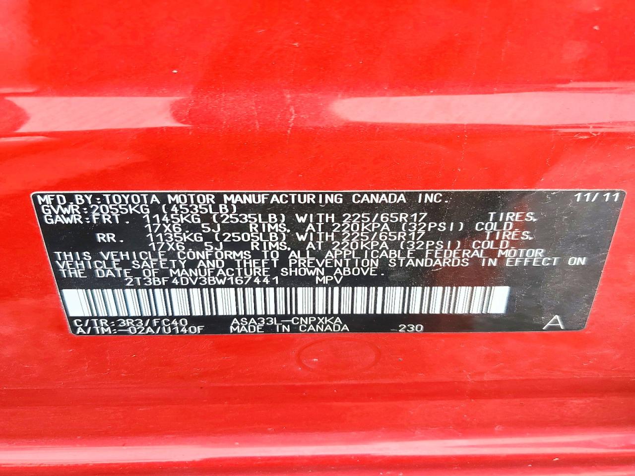 2011 Toyota Rav4 Base Red vin: 2T3BF4DV3BW167441