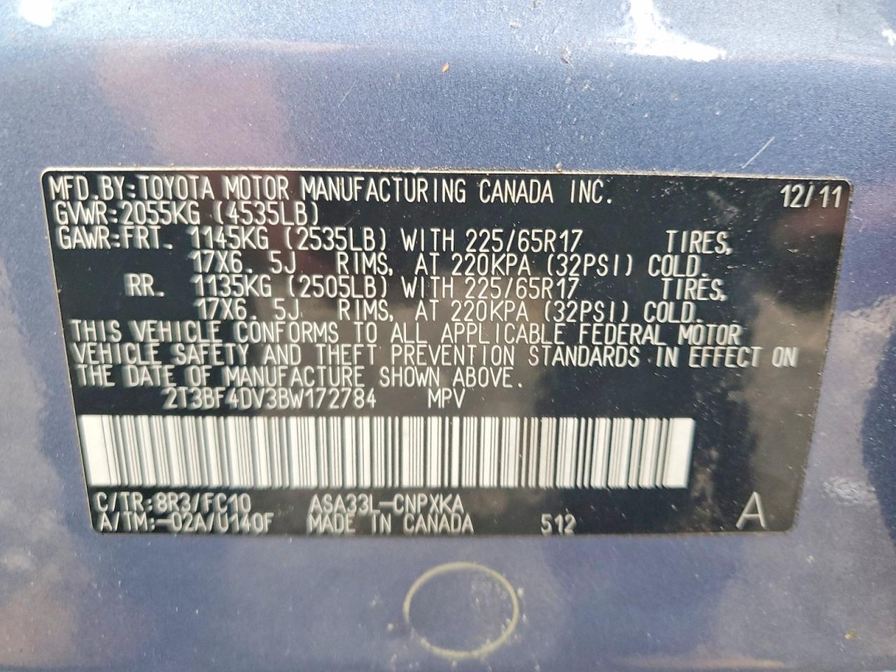 2011 Toyota Rav4 Base Blue vin: 2T3BF4DV3BW172784