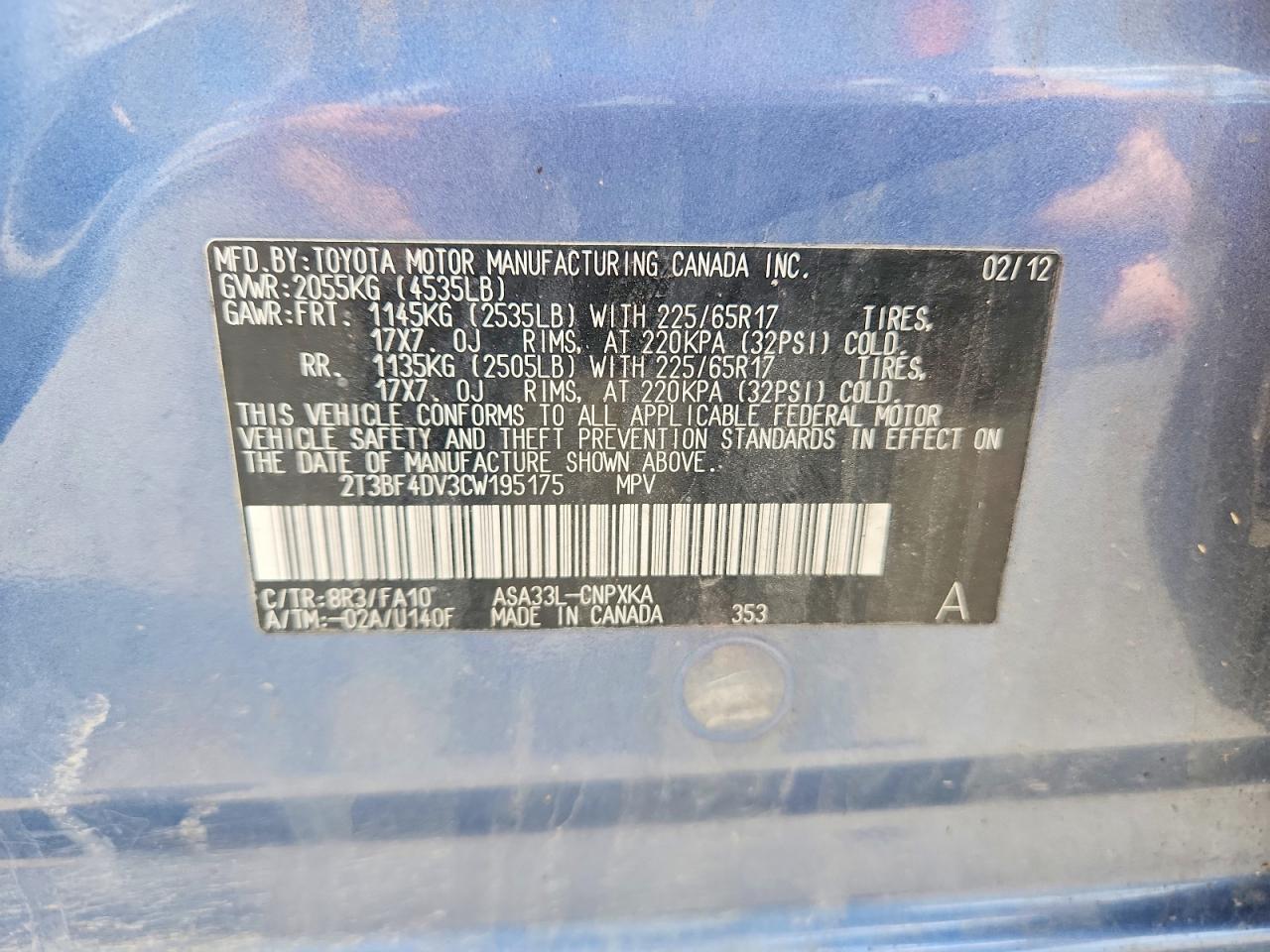 2012 Toyota Rav4 Base Blue vin: 2T3BF4DV3CW195175