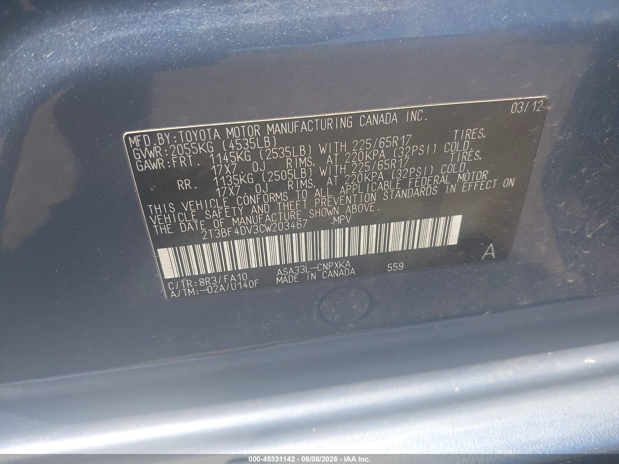 2012 Toyota Rav4 Blue vin: 2T3BF4DV3CW203467