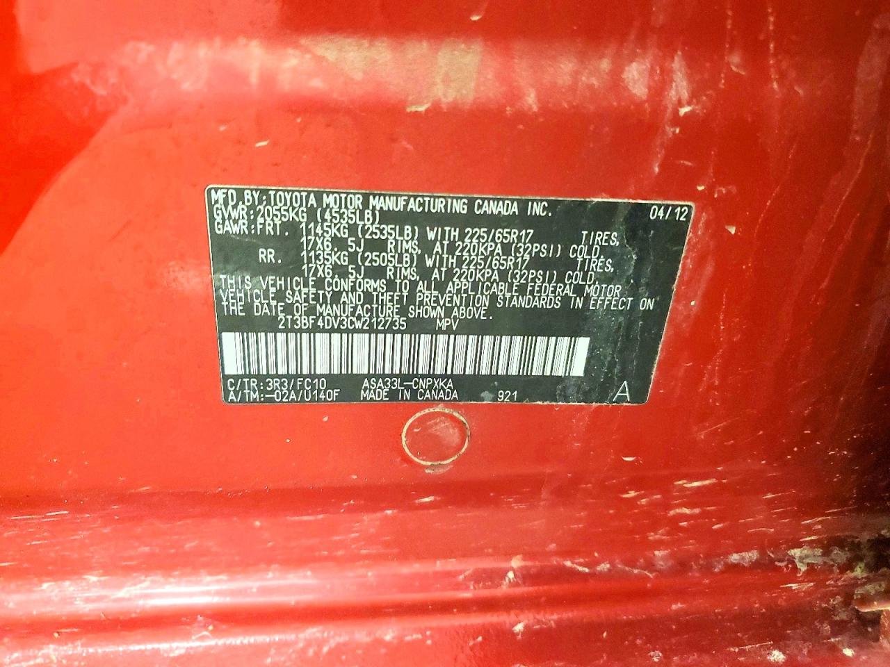 2012 Toyota Rav4 Base Maroon vin: 2T3BF4DV3CW212735