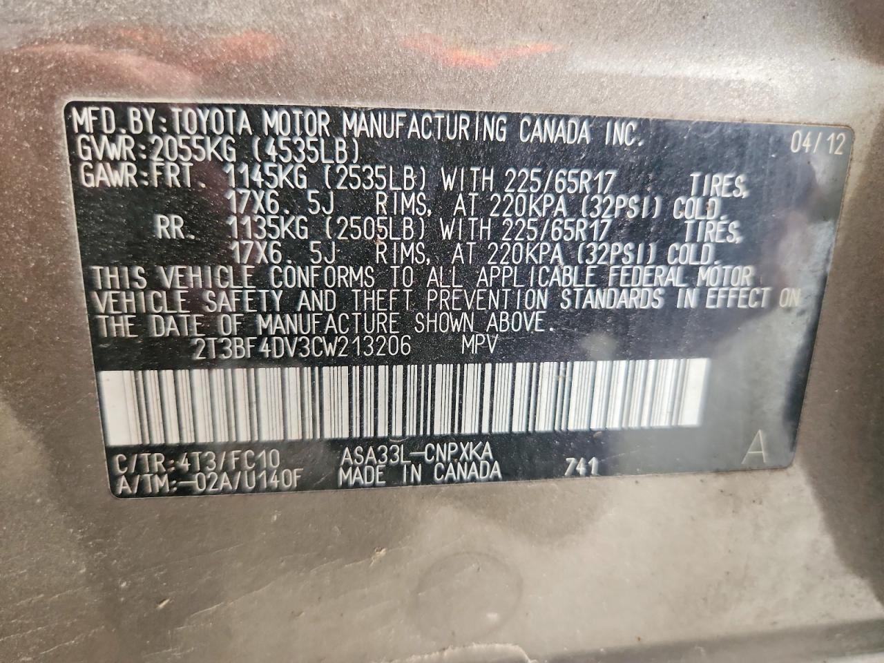2012 Toyota Rav4 Base Brown vin: 2T3BF4DV3CW213206