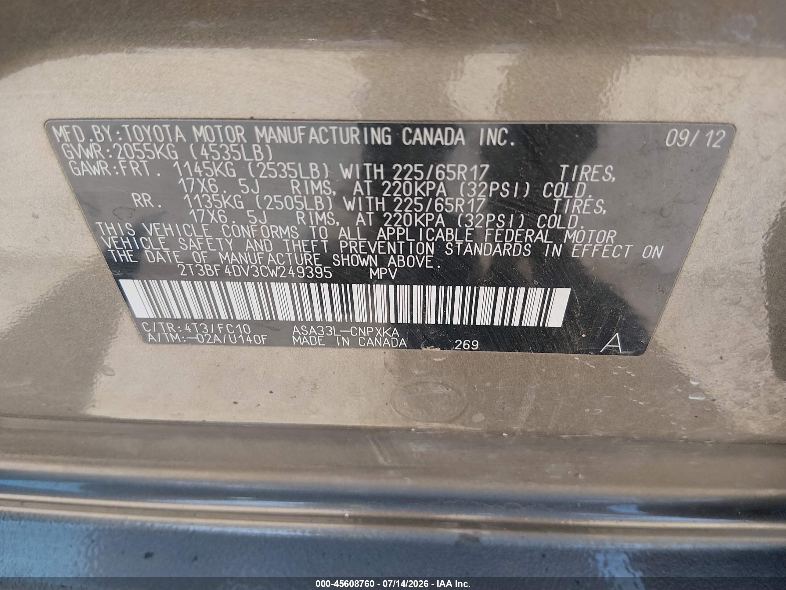 2012 Toyota Rav4   Gray vin: 2T3BF4DV3CW249395