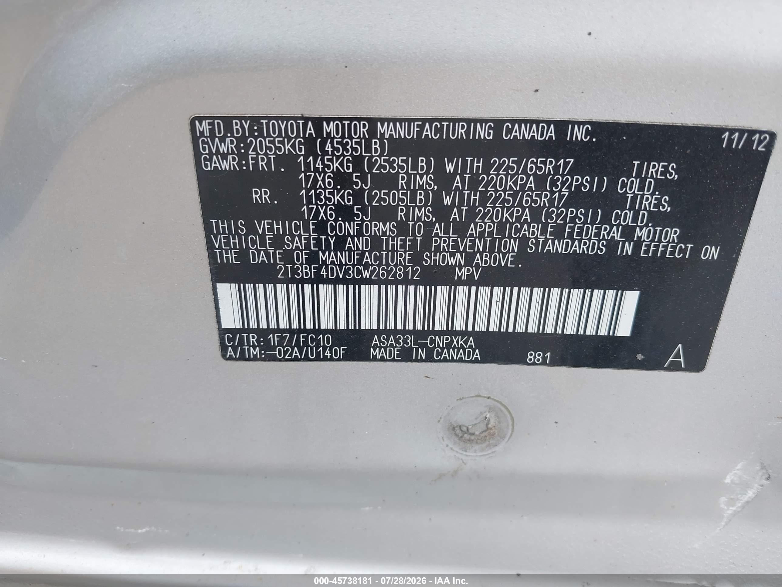2012 Toyota Rav4   Серебряный vin: 2T3BF4DV3CW262812