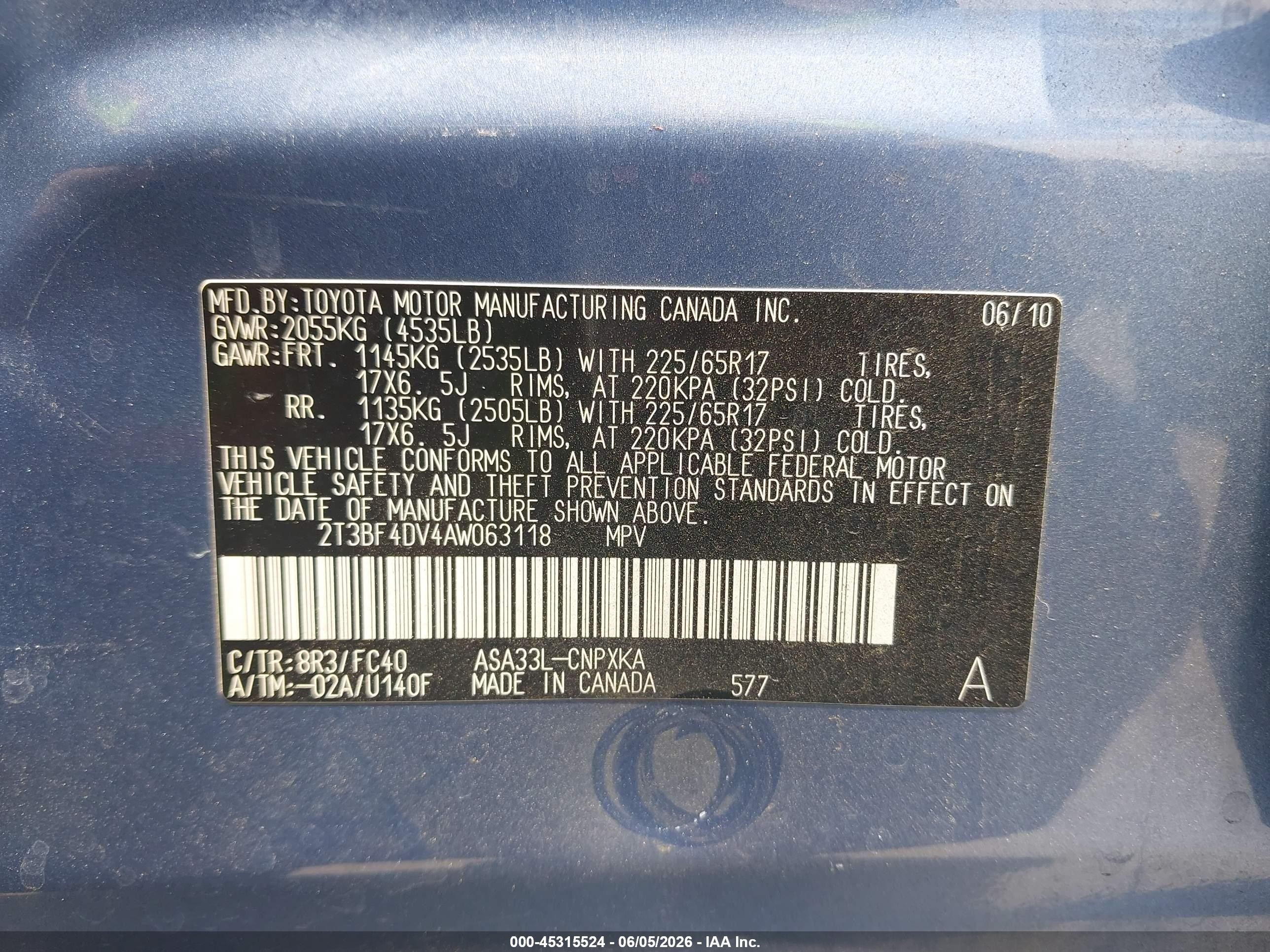 2010 Toyota Rav4 Blue vin: 2T3BF4DV4AW063118