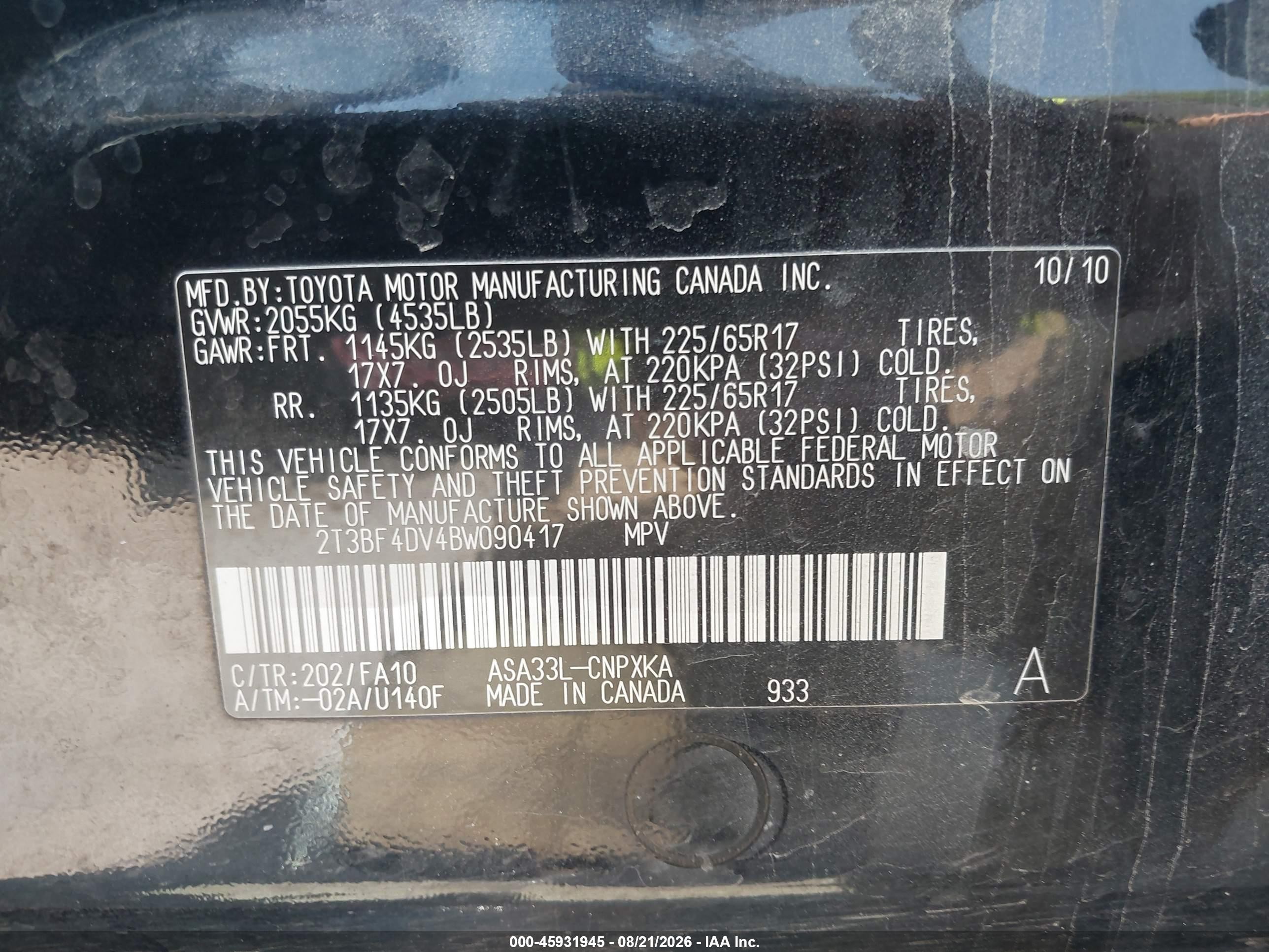 2011 Toyota Rav4   Black vin: 2T3BF4DV4BW090417