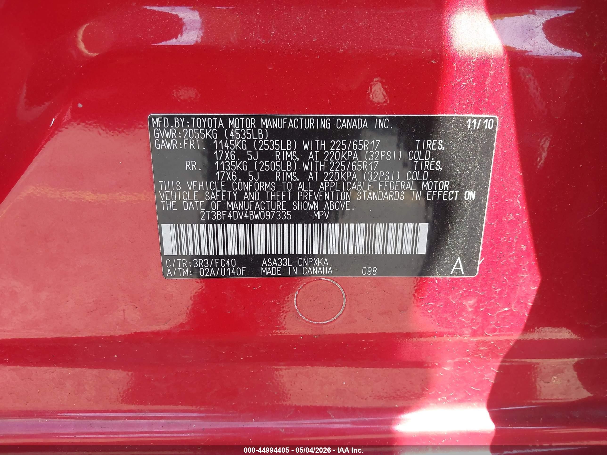 2011 Toyota Rav4   Red vin: 2T3BF4DV4BW097335