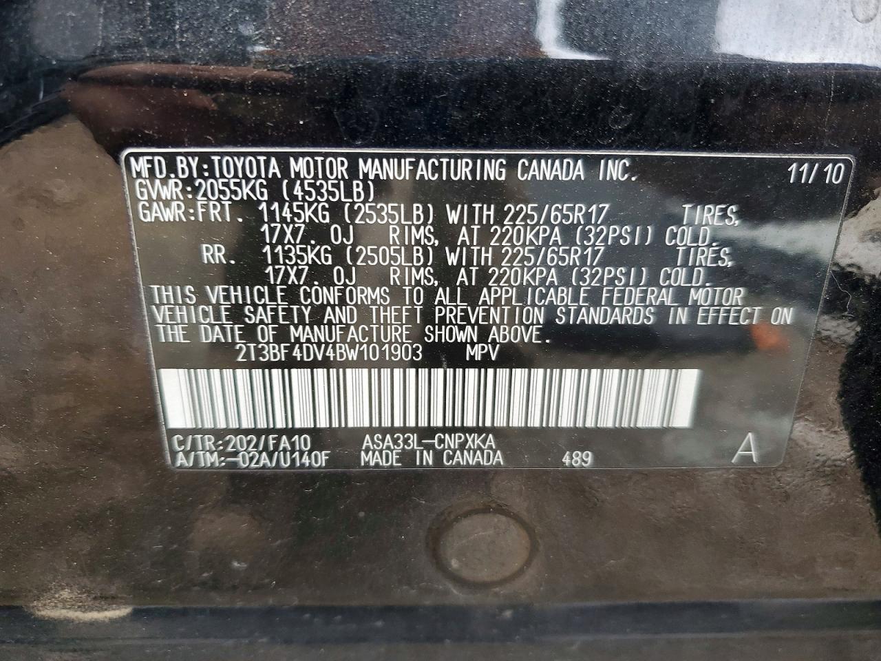 2011 Toyota Rav4 Base Black vin: 2T3BF4DV4BW101903