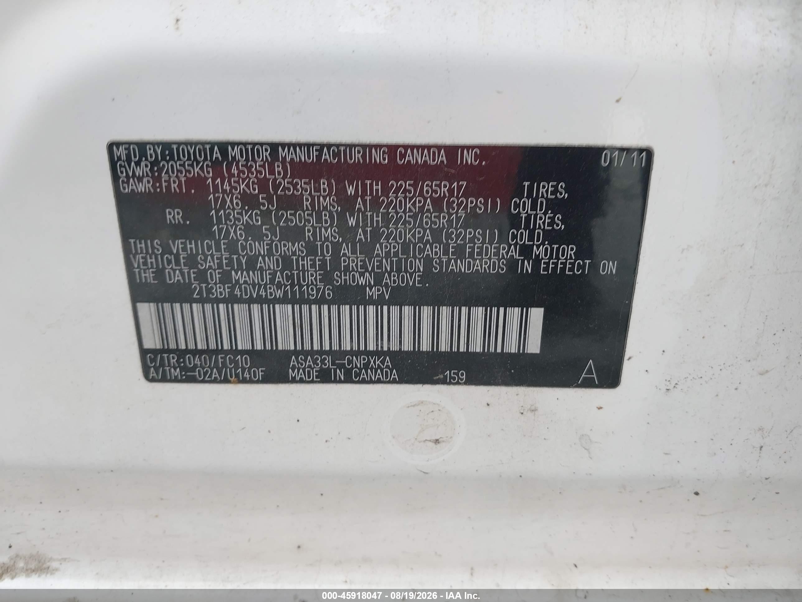 2011 Toyota Rav4   White vin: 2T3BF4DV4BW111976