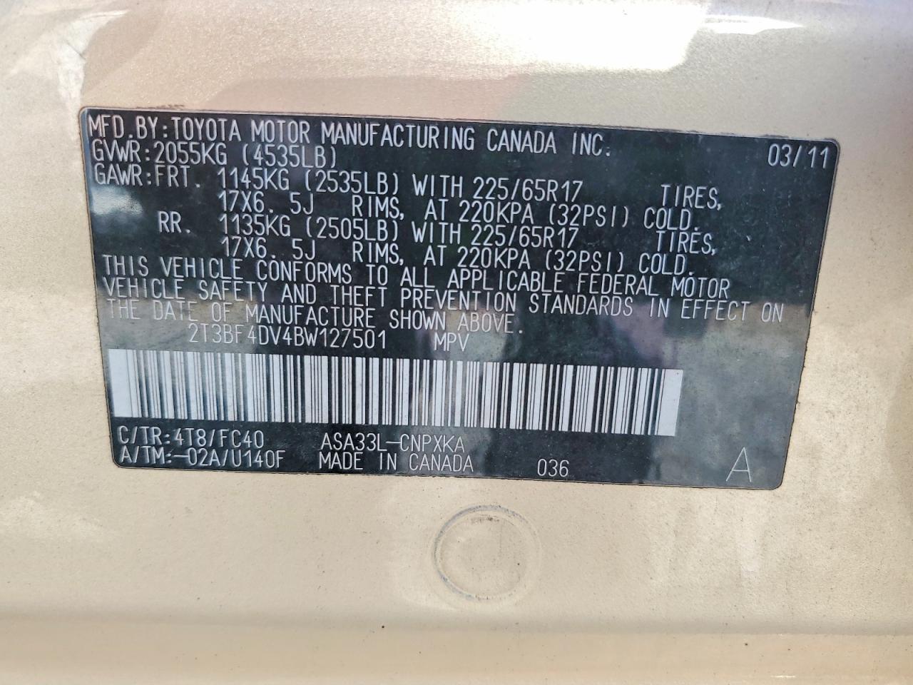 2011 Toyota Rav4 Base Gold vin: 2T3BF4DV4BW127501