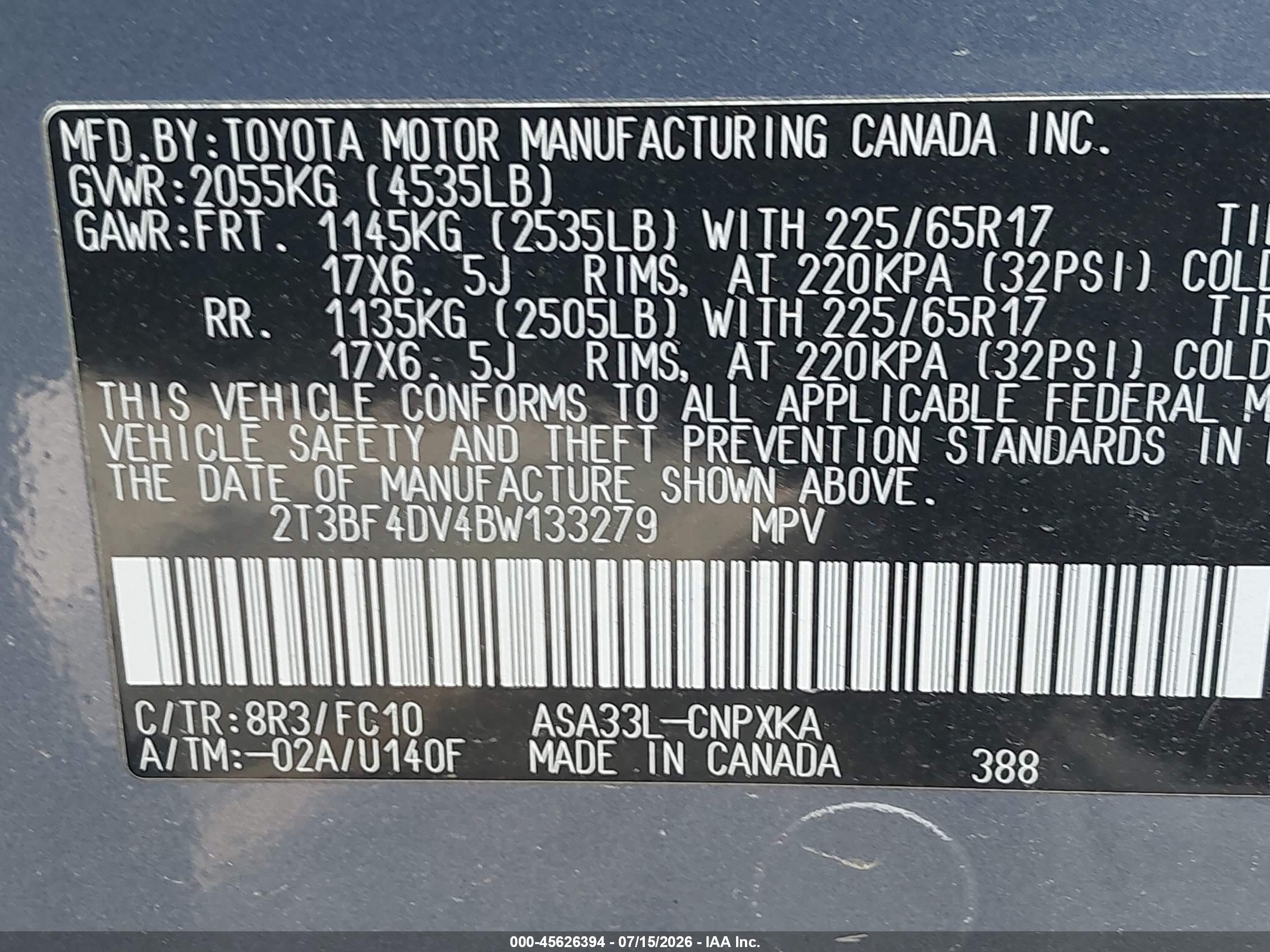 2011 Toyota Rav4   Blue vin: 2T3BF4DV4BW133279
