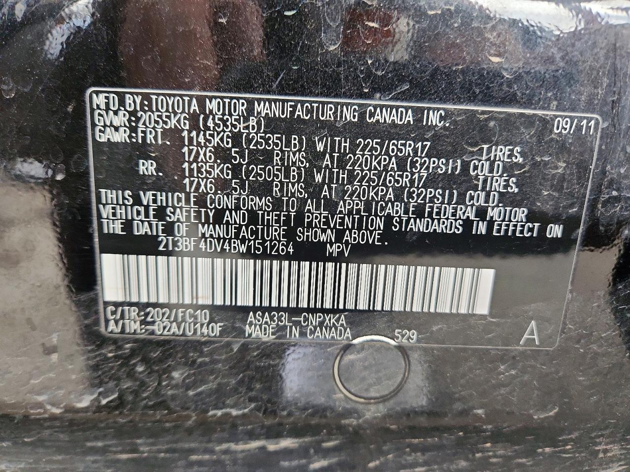 2011 Toyota Rav4 Base Черный vin: 2T3BF4DV4BW151264