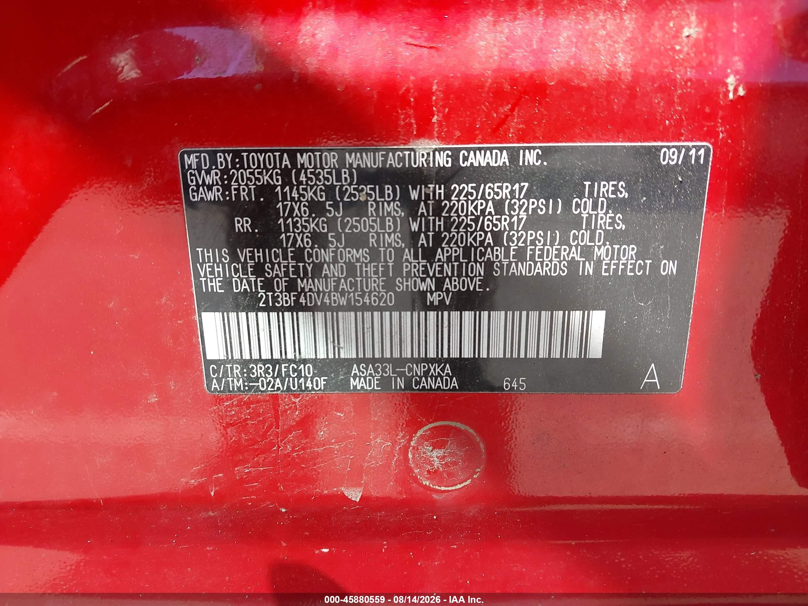 2011 Toyota Rav4   Red vin: 2T3BF4DV4BW154620