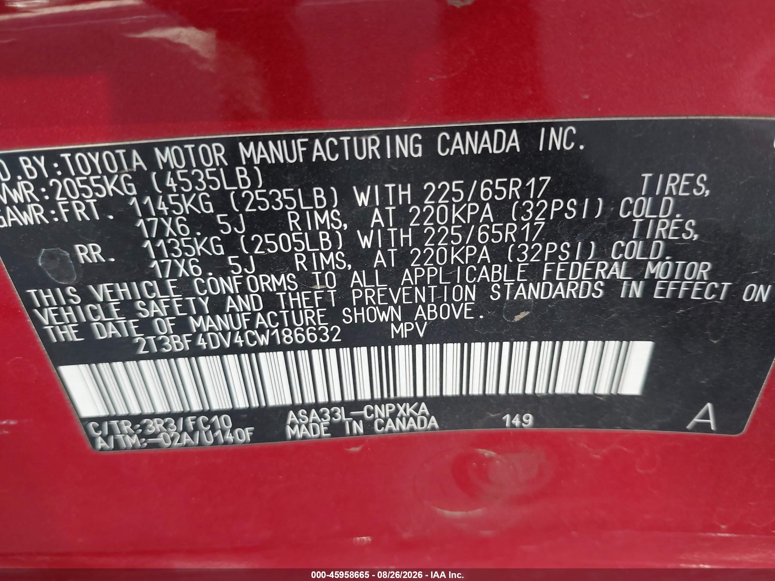 2012 Toyota Rav4   Red vin: 2T3BF4DV4CW186632