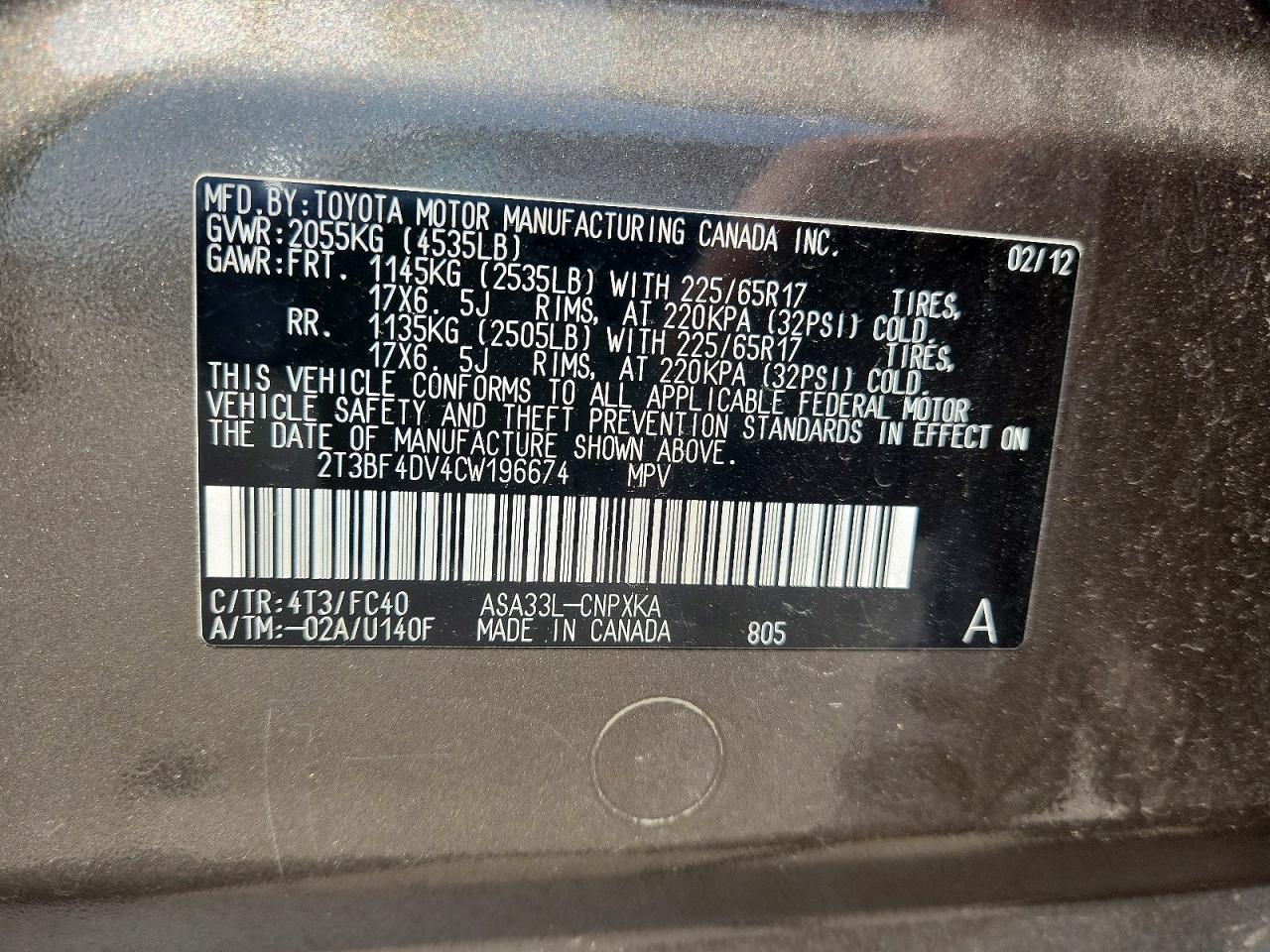 2012 Toyota Rav4 Base Tan vin: 2T3BF4DV4CW196674