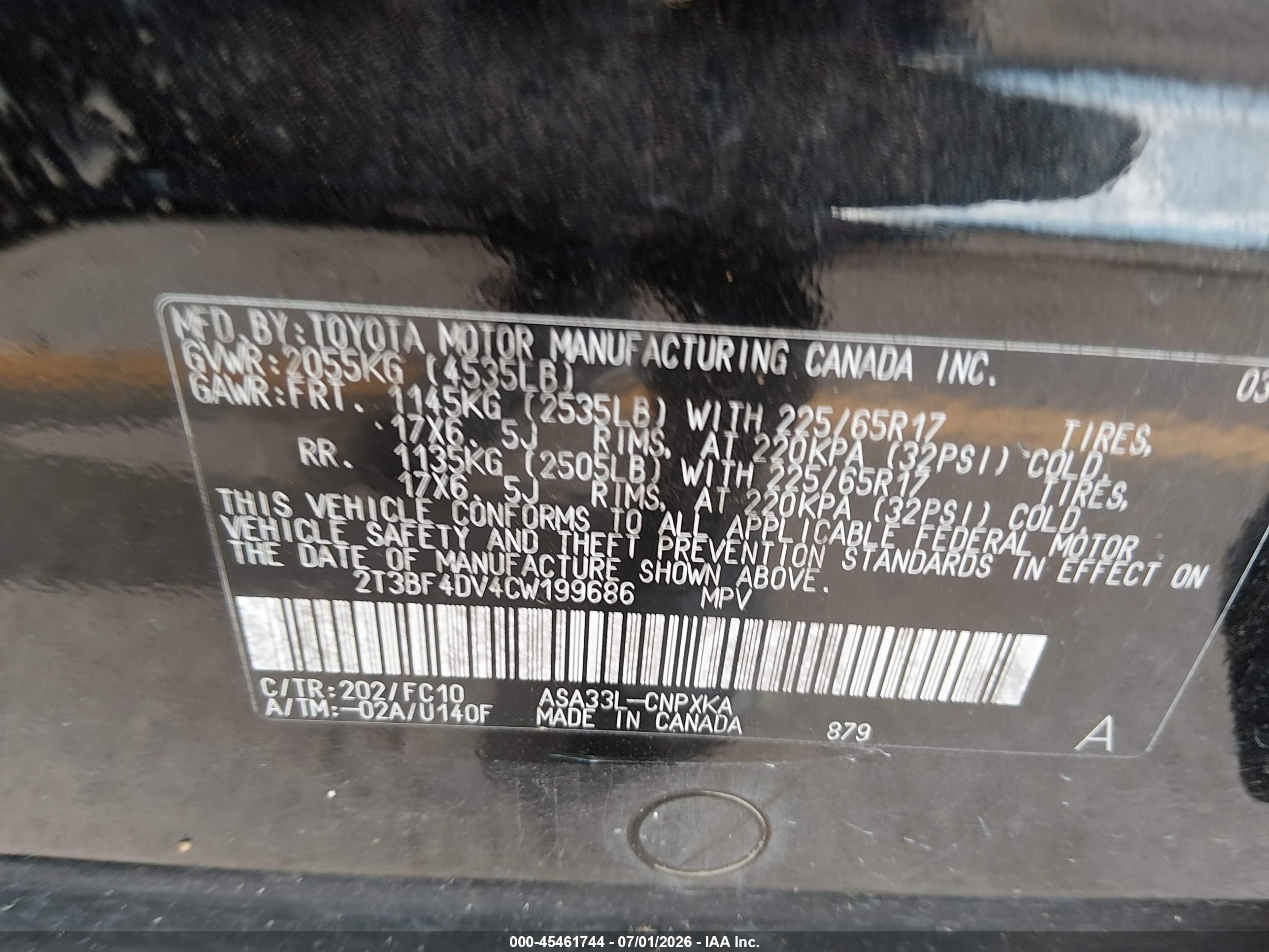 2012 Toyota Rav4   Black vin: 2T3BF4DV4CW199686