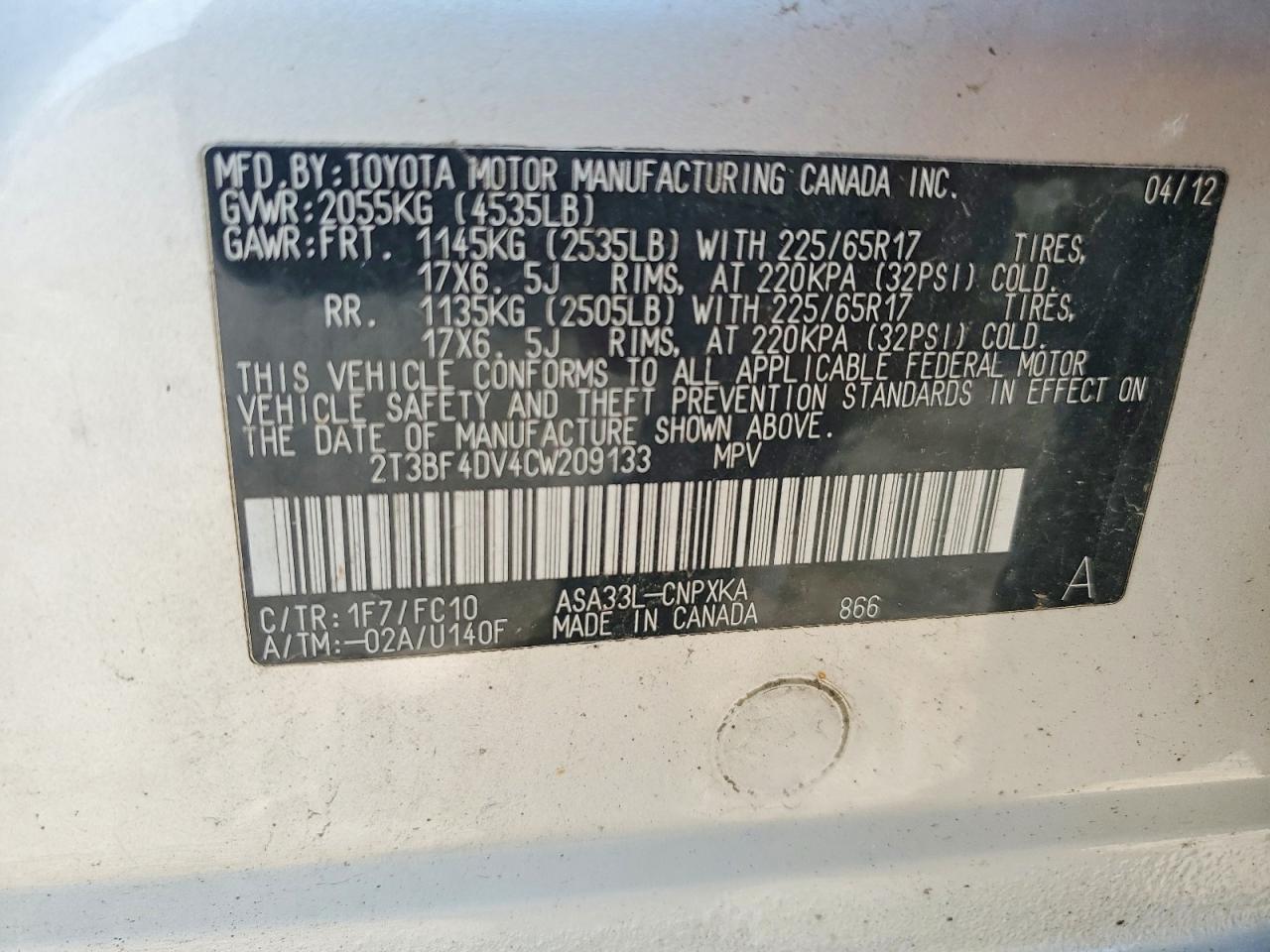 2012 Toyota Rav4 Base Серебряный vin: 2T3BF4DV4CW209133