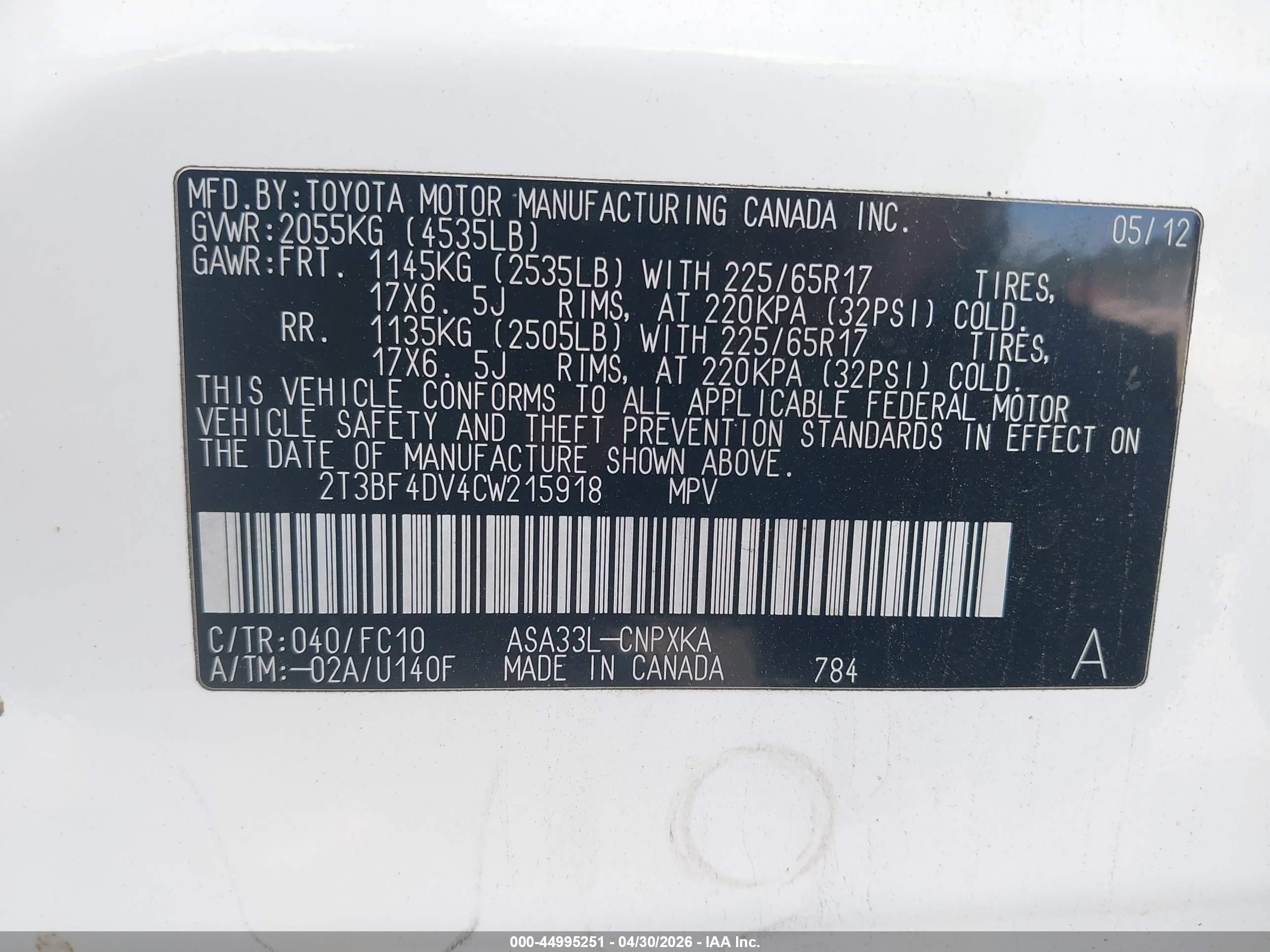 2012 Toyota Rav4   White vin: 2T3BF4DV4CW215918