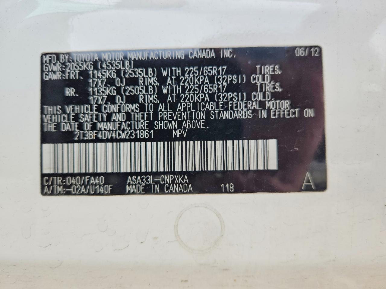 2012 Toyota Rav4 Base White vin: 2T3BF4DV4CW231861