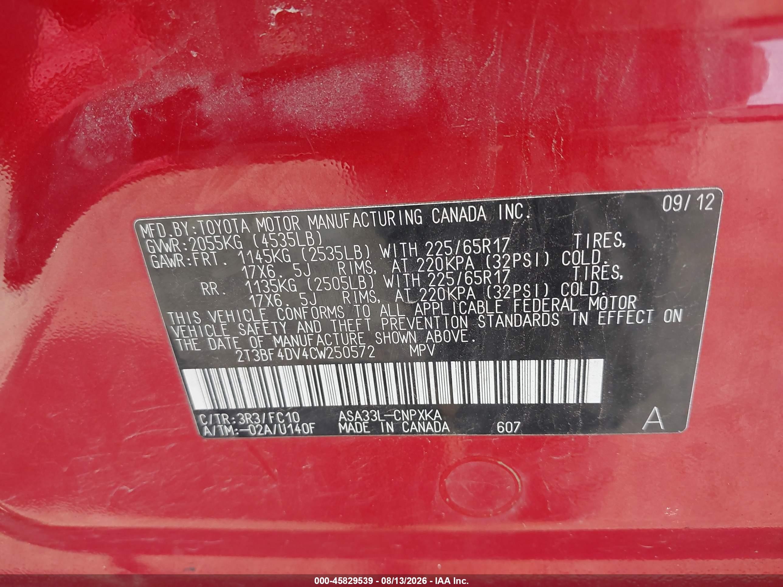 2012 Toyota Rav4   Красный vin: 2T3BF4DV4CW250572
