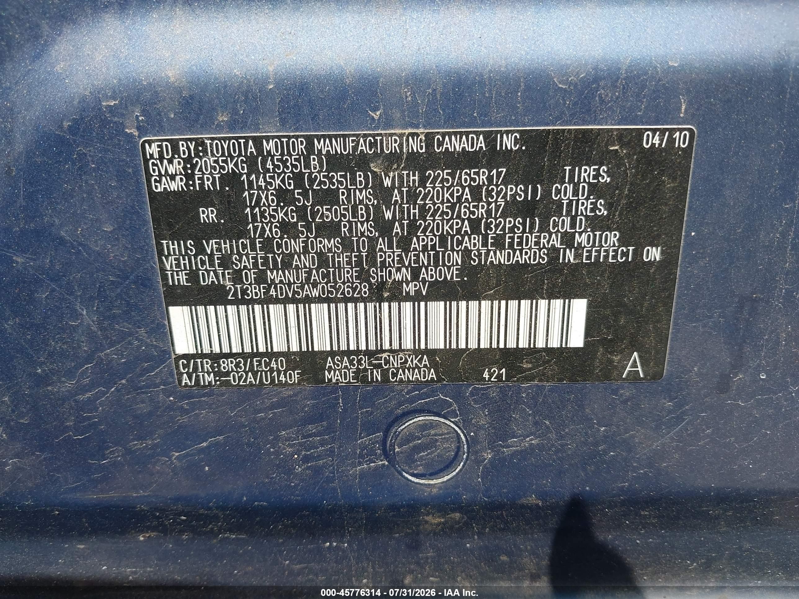 2010 Toyota Rav4 Blue vin: 2T3BF4DV5AW052628