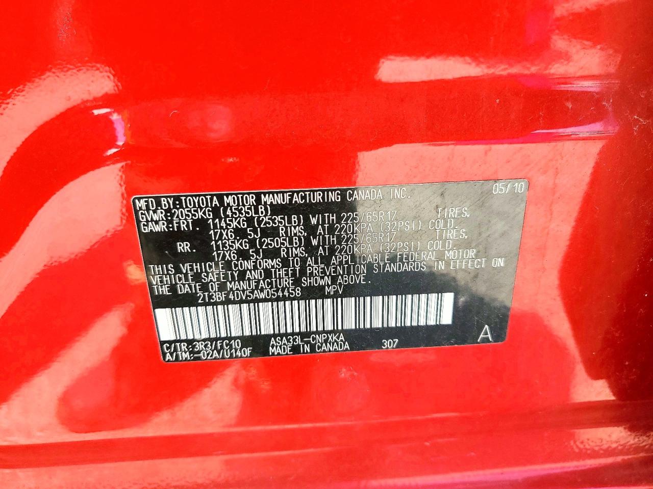 2010 Toyota Rav4 Base Red vin: 2T3BF4DV5AW054458