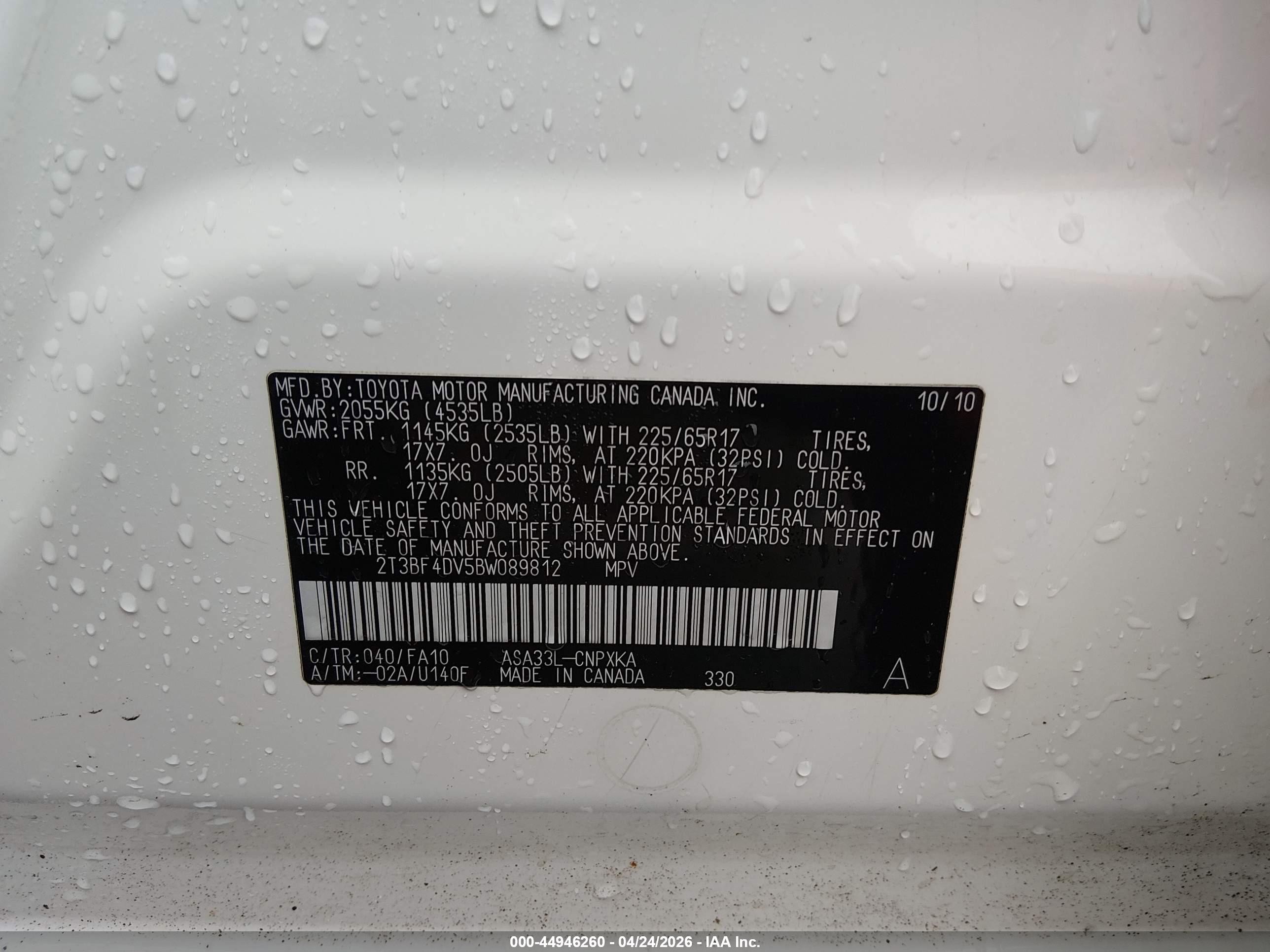 2011 Toyota Rav4   Белый vin: 2T3BF4DV5BW089812
