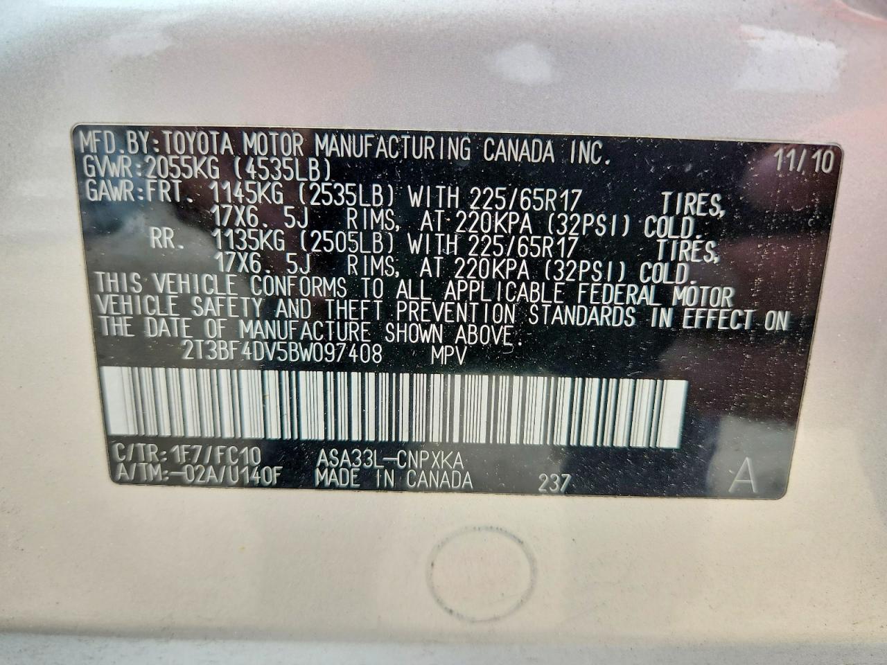 2011 Toyota Rav4 Base Silver vin: 2T3BF4DV5BW097408