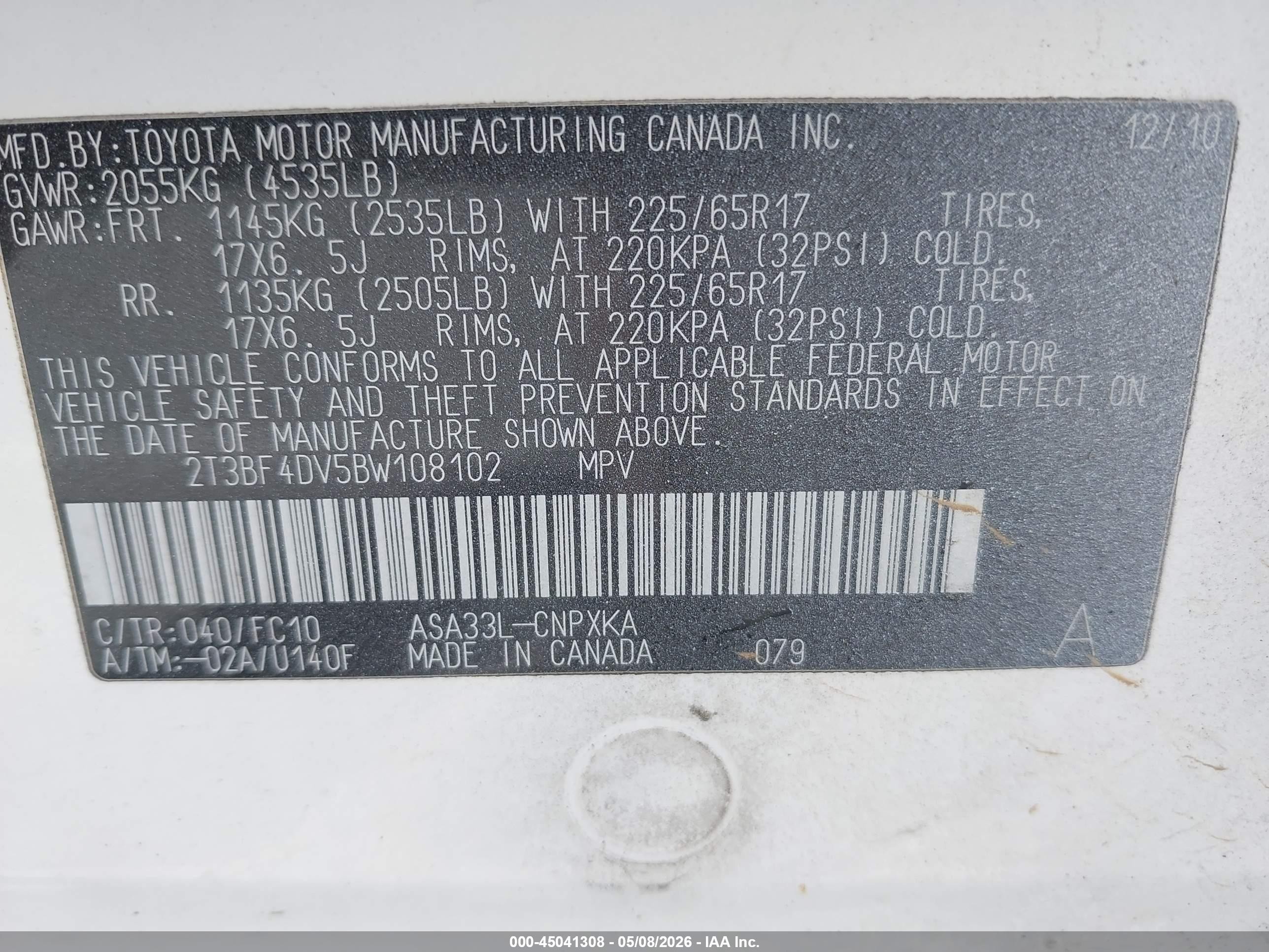 2011 Toyota Rav4   White vin: 2T3BF4DV5BW108102