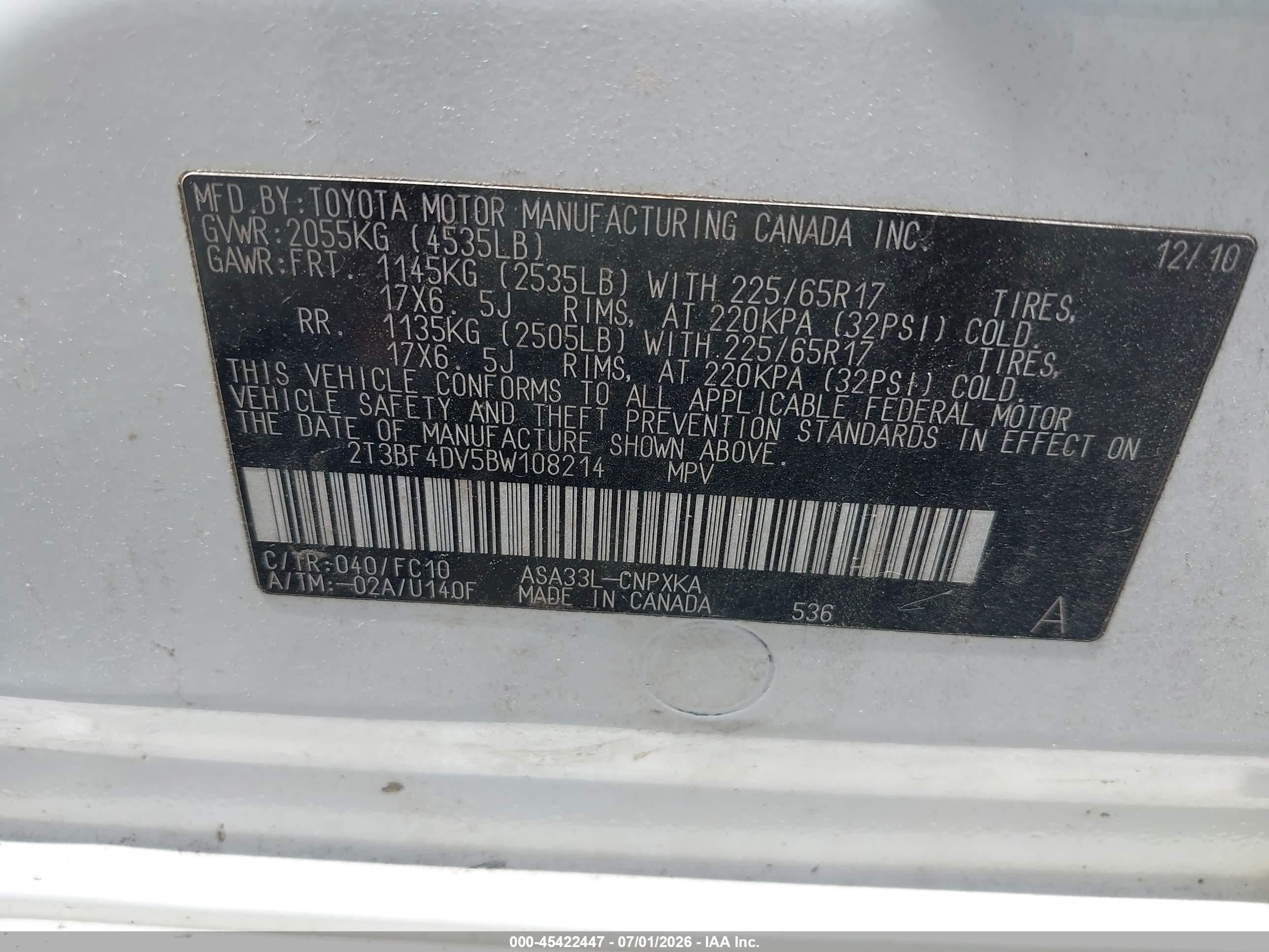 2011 Toyota Rav4   White vin: 2T3BF4DV5BW108214