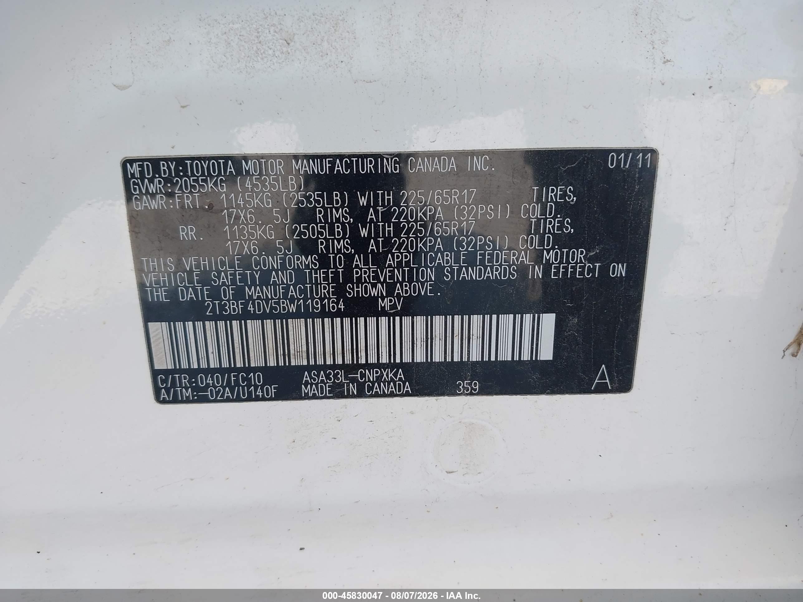 2011 Toyota Rav4   Белый vin: 2T3BF4DV5BW119164