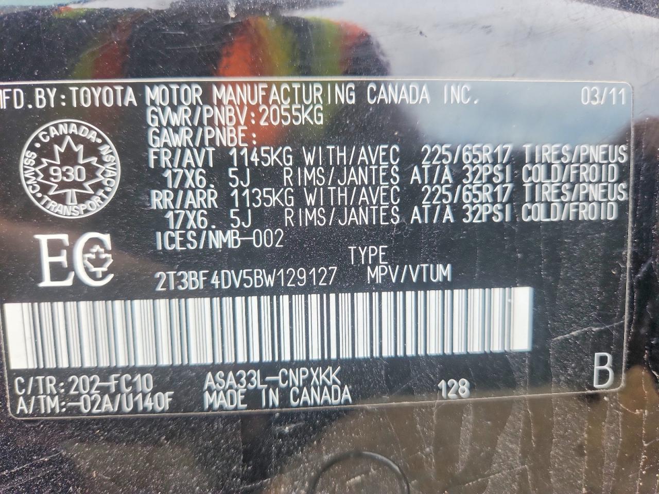 2011 Toyota Rav4 Base Black vin: 2T3BF4DV5BW129127