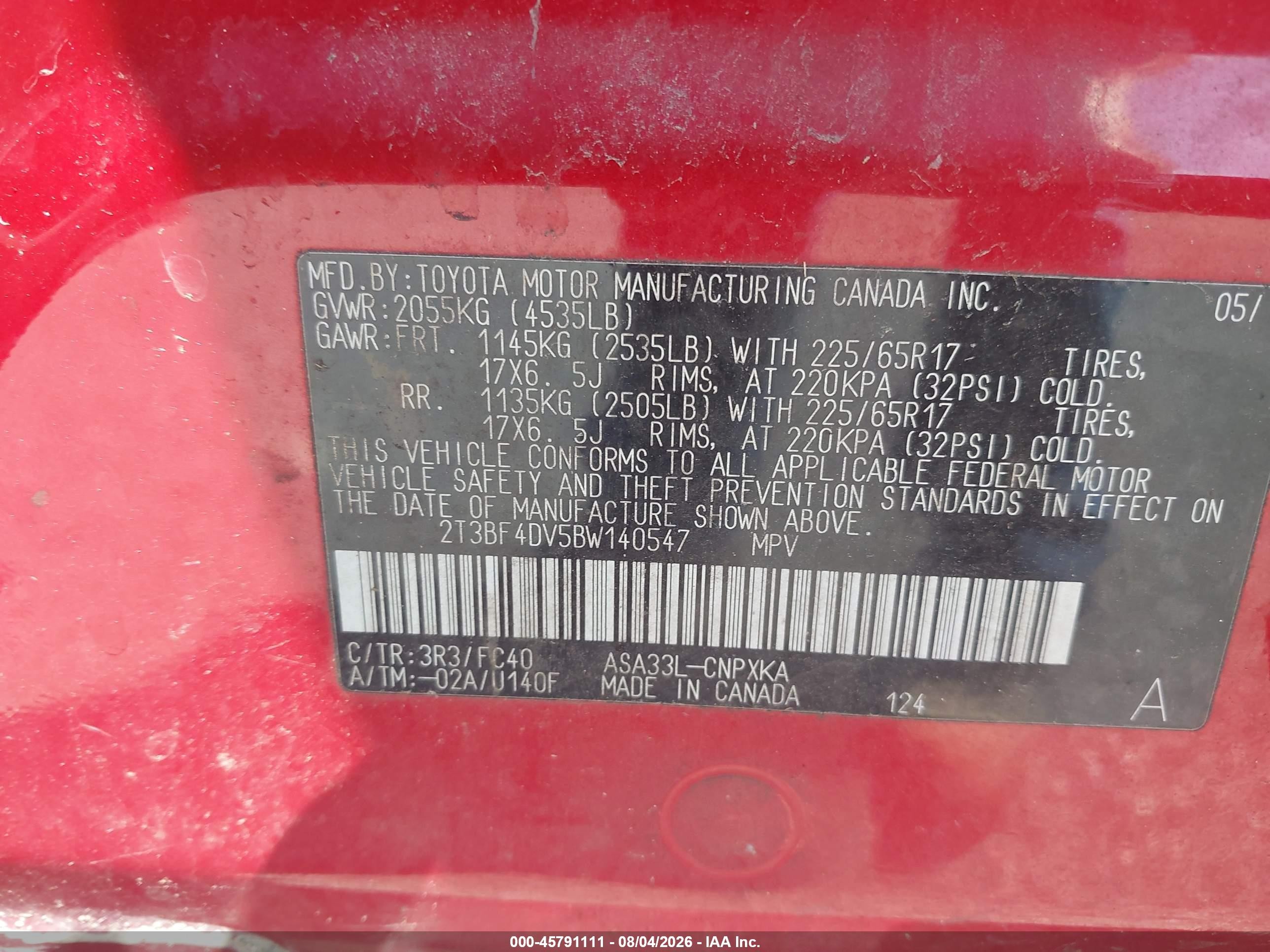 2011 Toyota Rav4   Red vin: 2T3BF4DV5BW140547