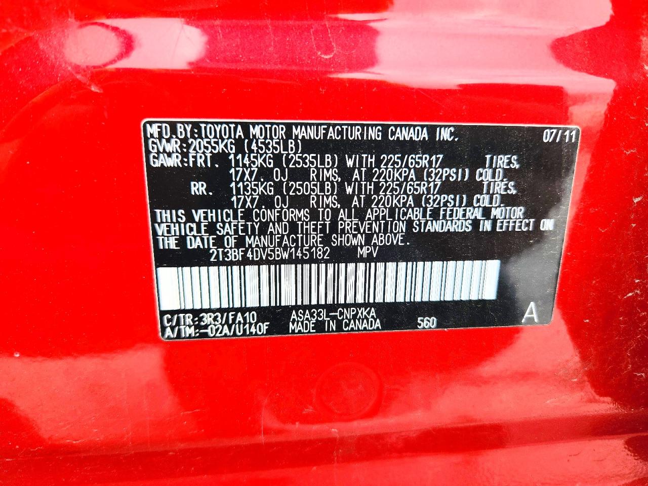 2011 Toyota Rav4 Base Red vin: 2T3BF4DV5BW145182