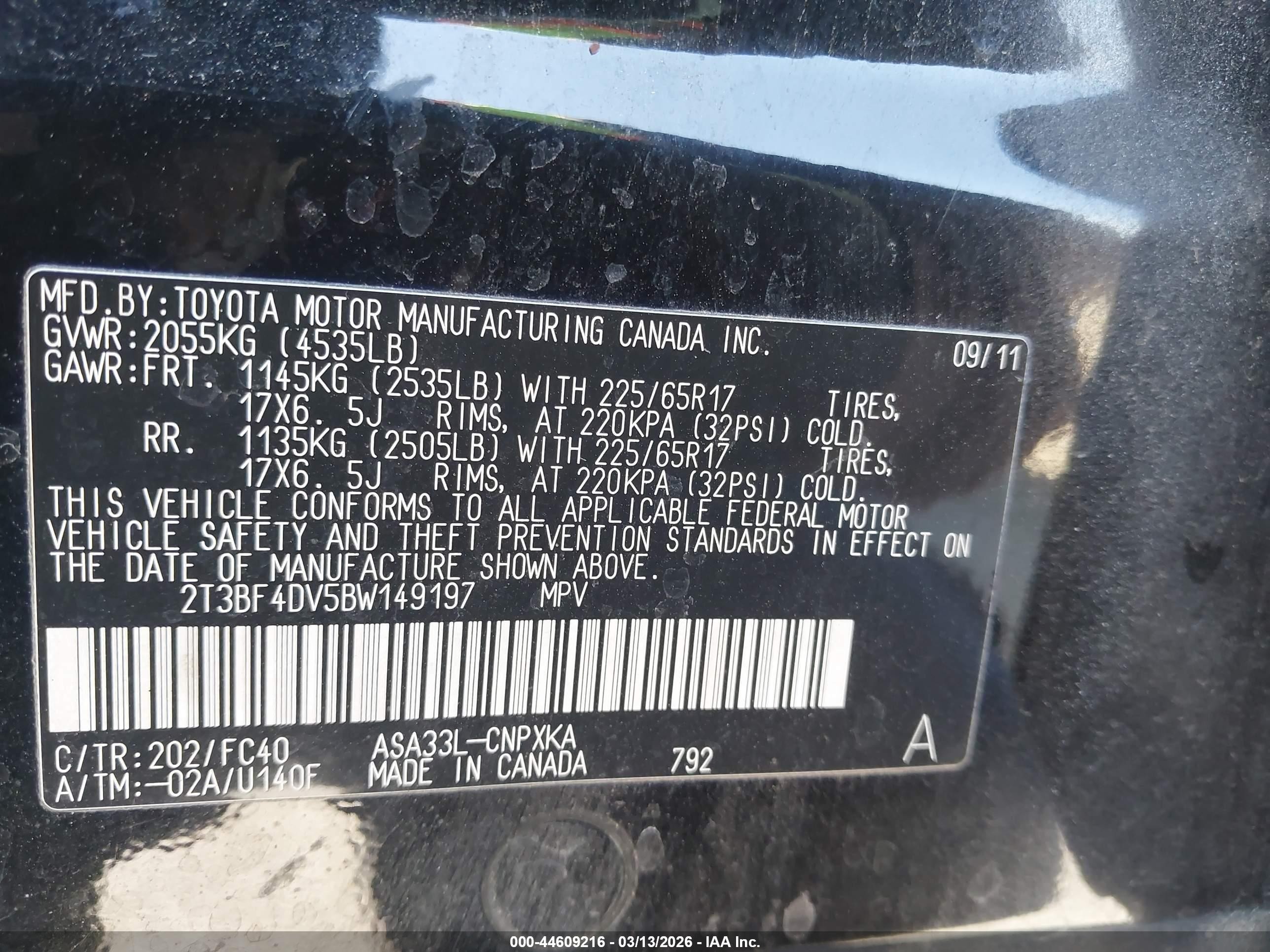 2011 Toyota Rav4 Black vin: 2T3BF4DV5BW149197