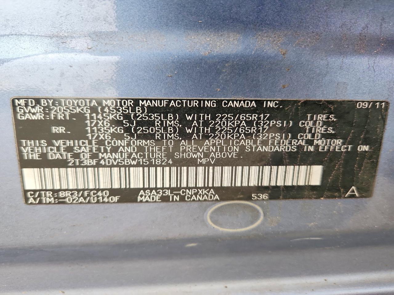 2011 Toyota Rav4 Base Blue vin: 2T3BF4DV5BW151824