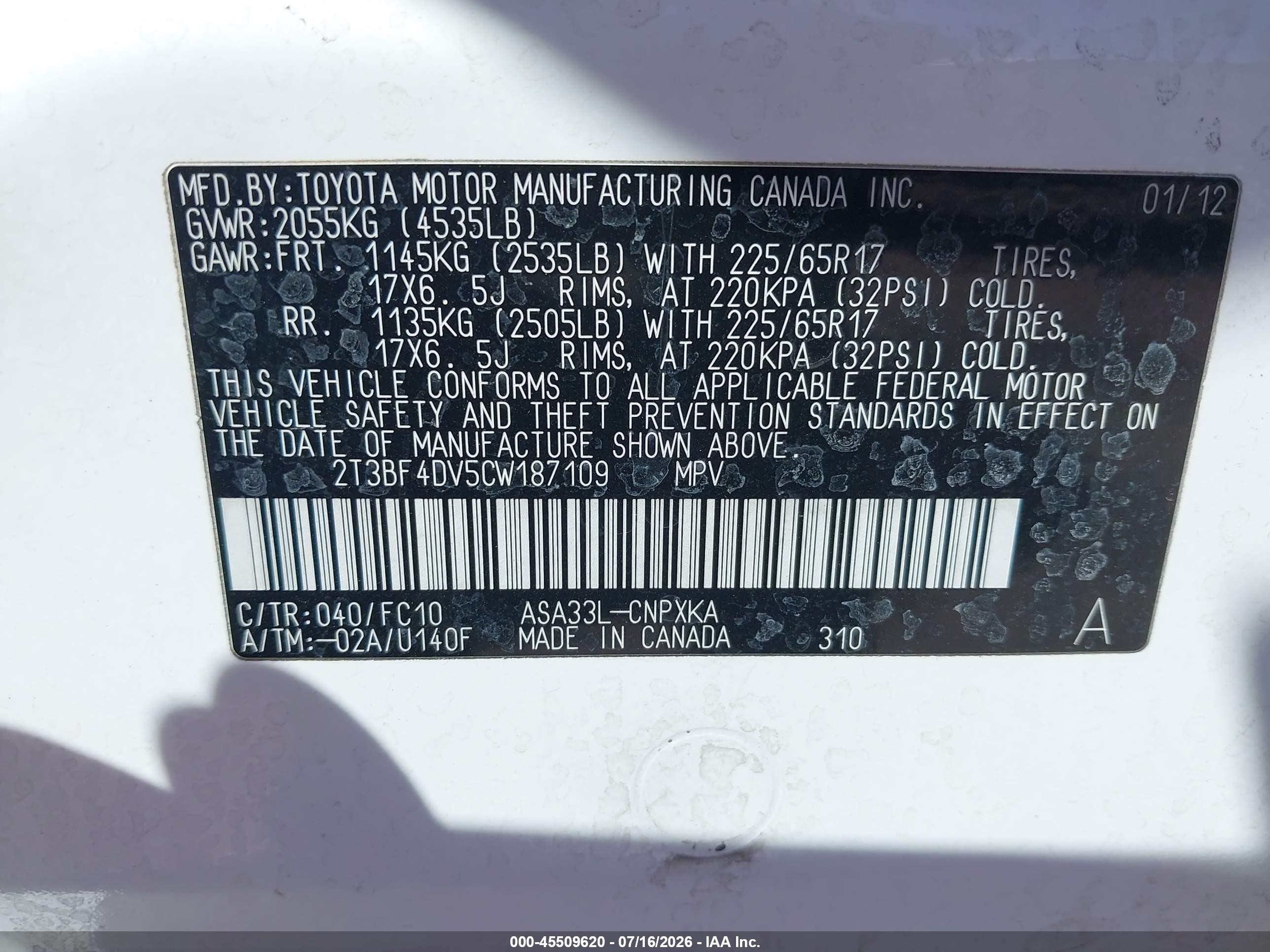2012 Toyota Rav4 White vin: 2T3BF4DV5CW187109