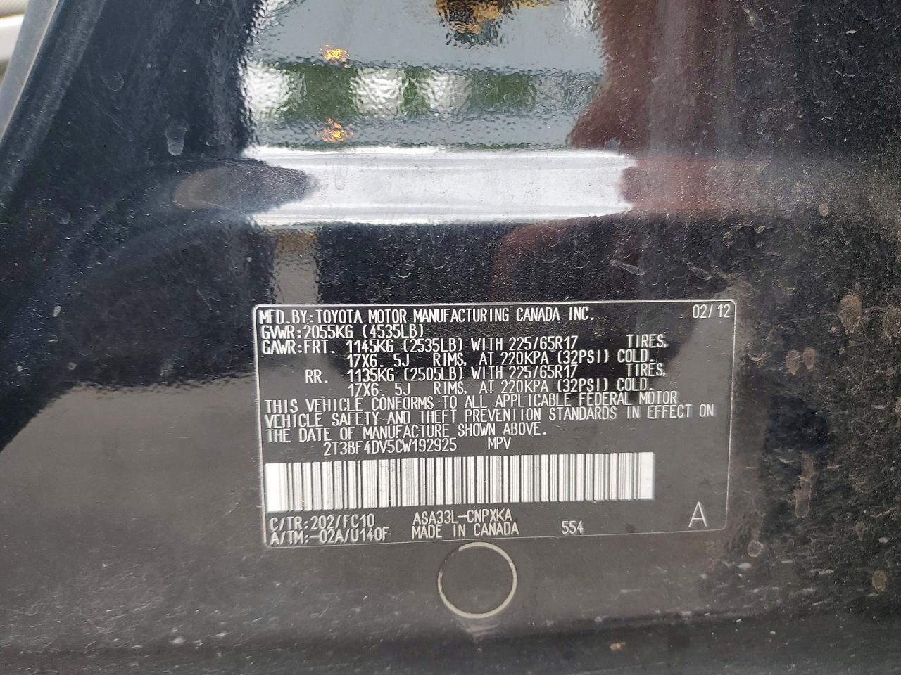 2012 Toyota Rav4 Base Black vin: 2T3BF4DV5CW192925
