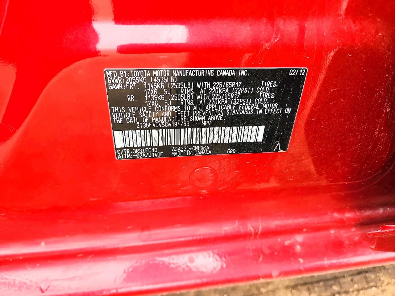 2012 Toyota Rav4 Base Red vin: 2T3BF4DV5CW194769