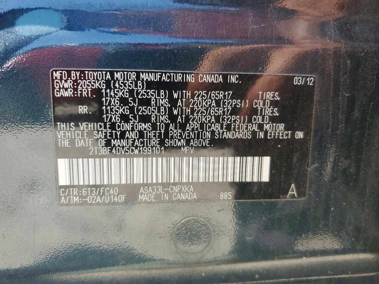 2012 Toyota Rav4 Base Charcoal vin: 2T3BF4DV5CW199101
