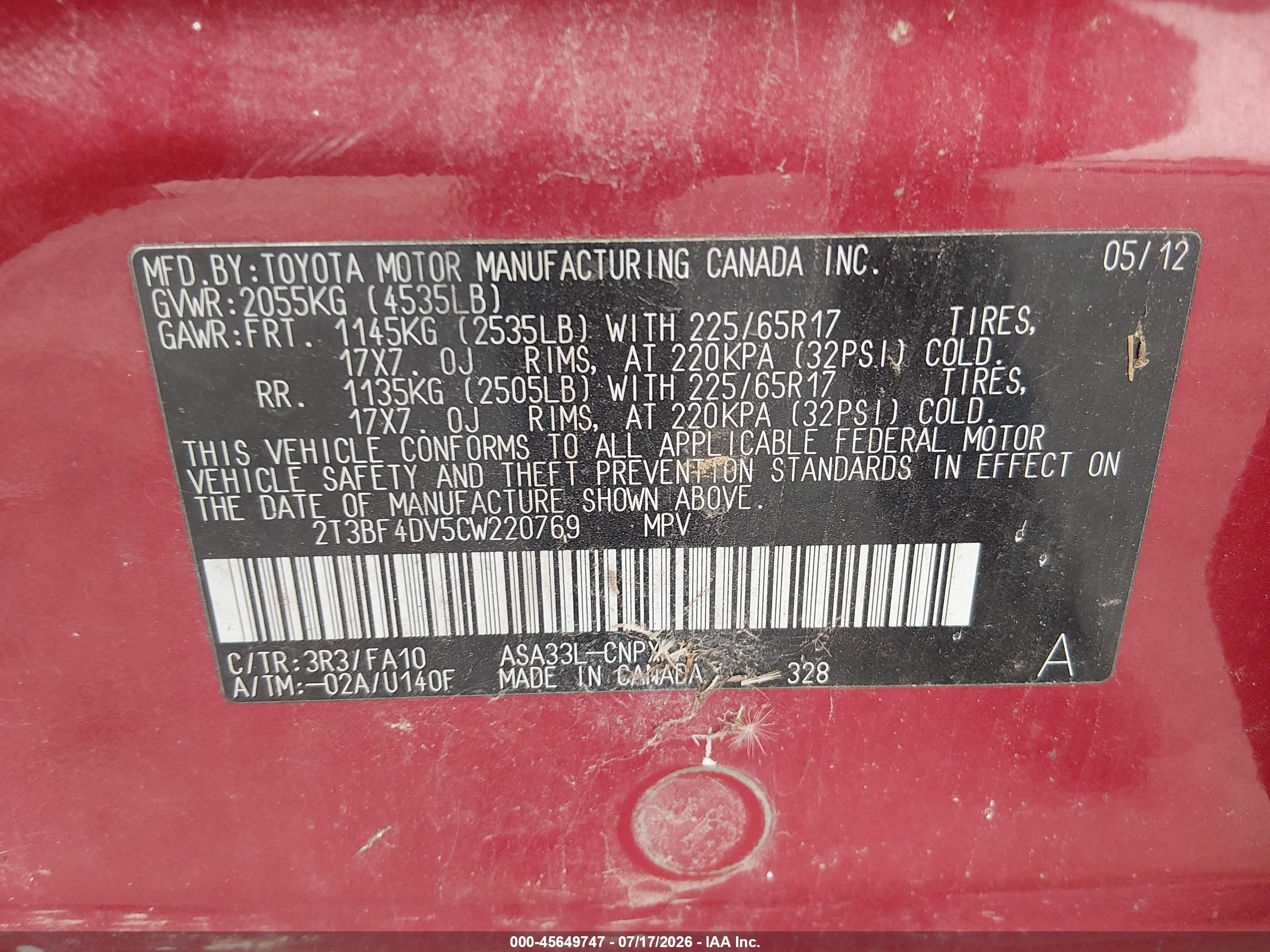 2012 Toyota Rav4   Red vin: 2T3BF4DV5CW220769