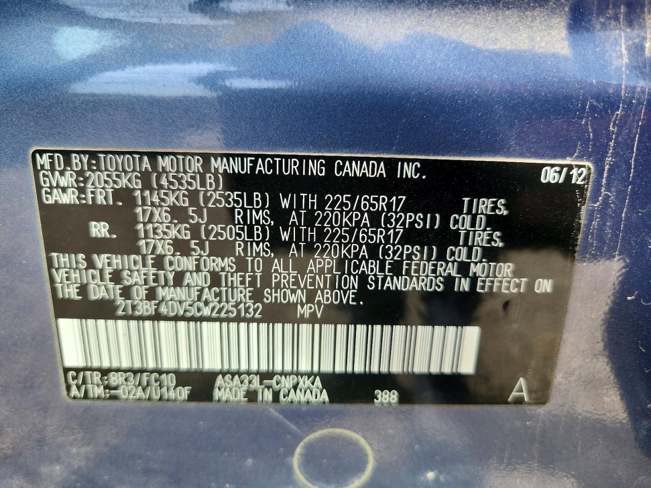 2012 Toyota Rav4 Base Blue vin: 2T3BF4DV5CW225132