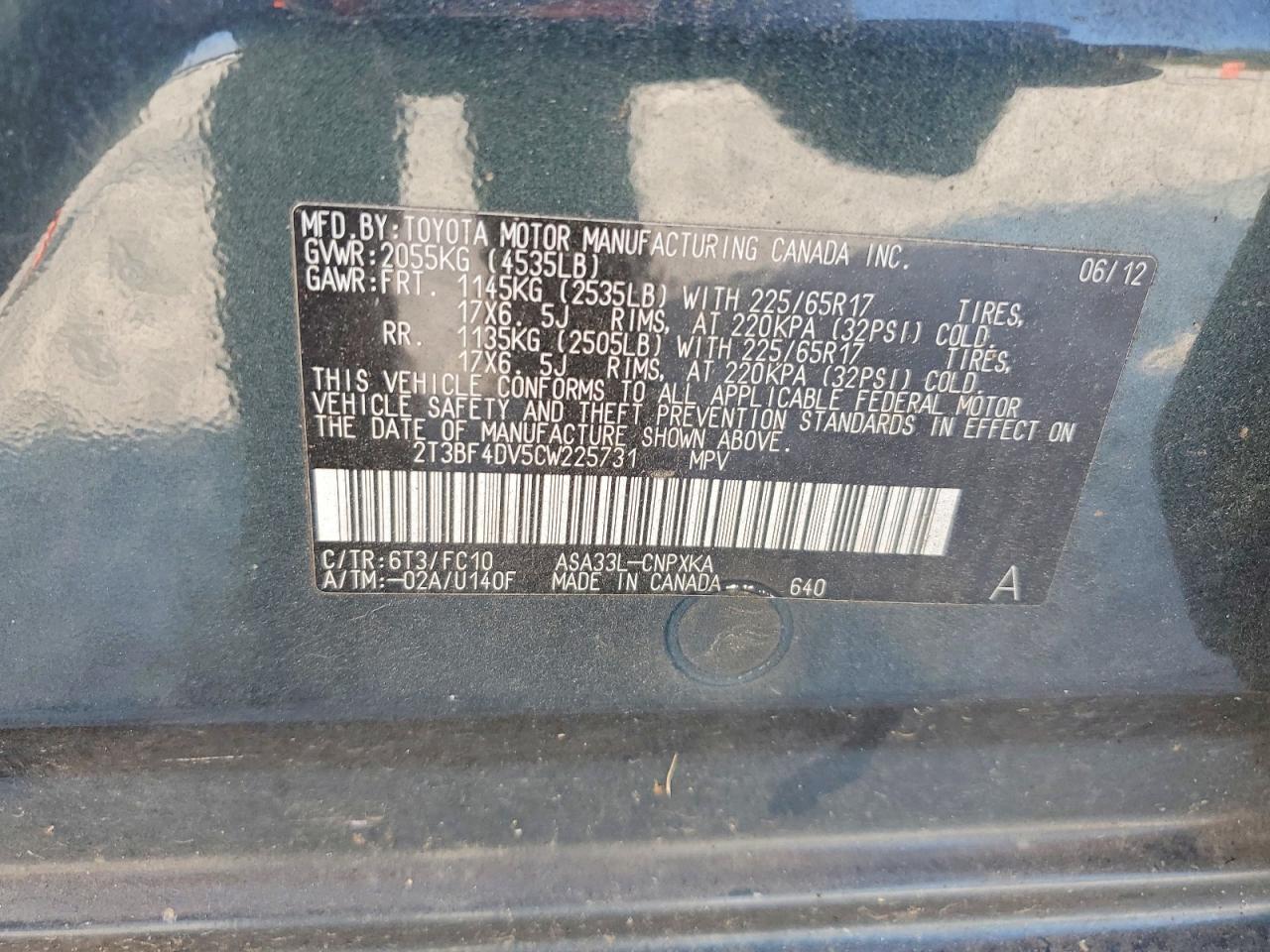 2012 Toyota Rav4 Base Blue vin: 2T3BF4DV5CW225731