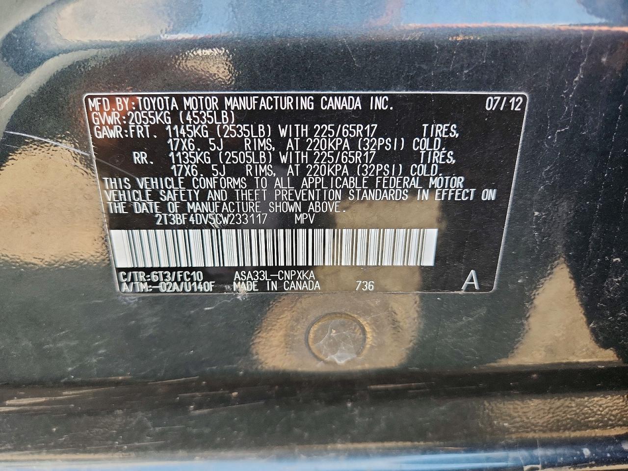 2012 Toyota Rav4 Base Charcoal vin: 2T3BF4DV5CW233117