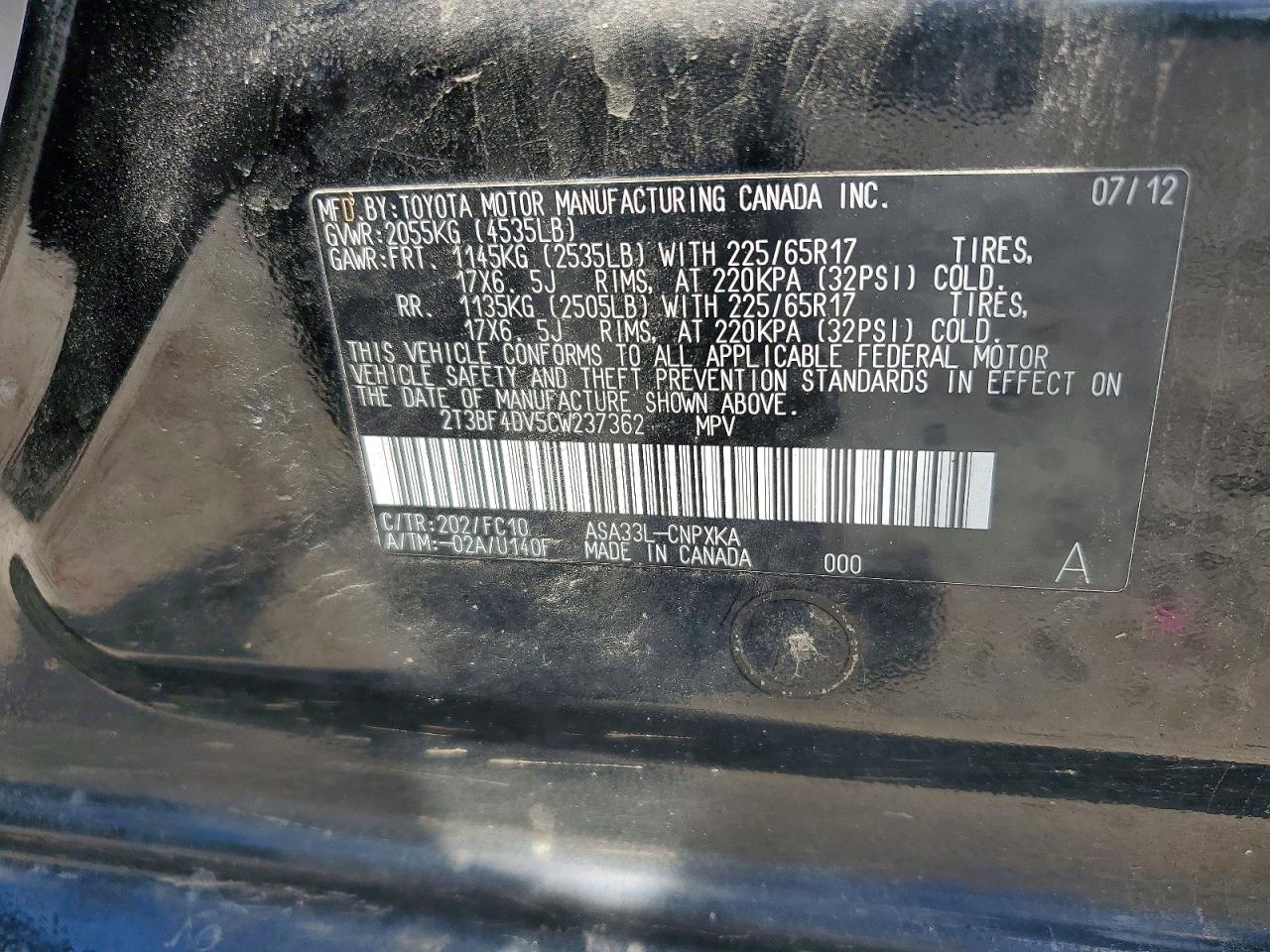 2012 Toyota Rav4 Base Black vin: 2T3BF4DV5CW237362