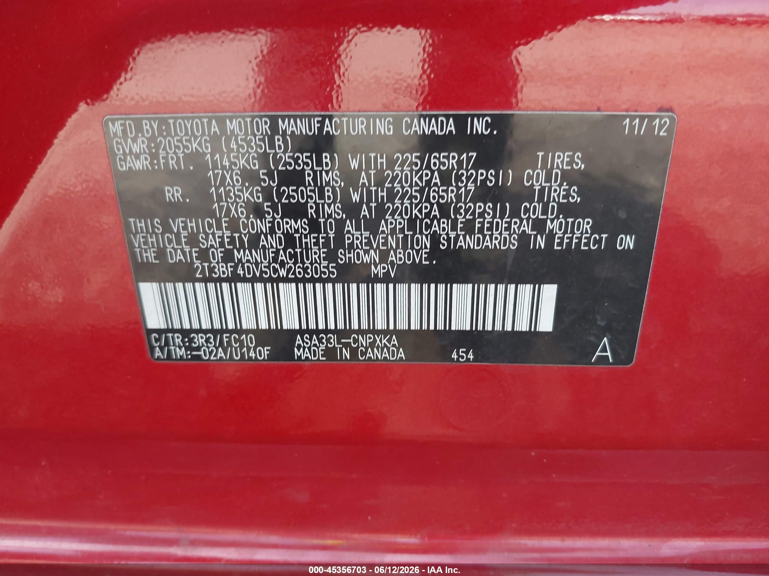 2012 Toyota Rav4   Red vin: 2T3BF4DV5CW263055